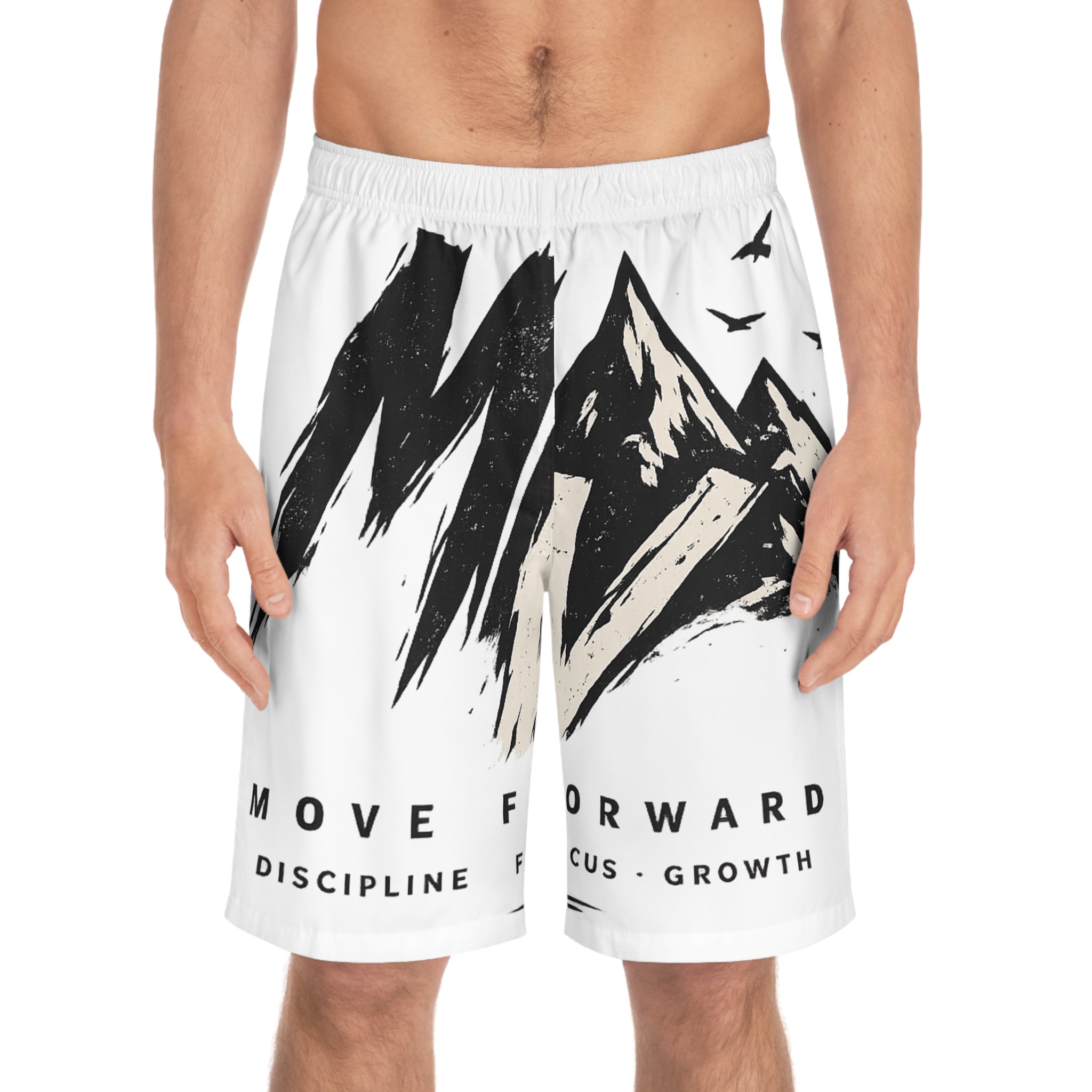 Board Shorts — 'Move Forward' Mountain Graphic Swim Trunks