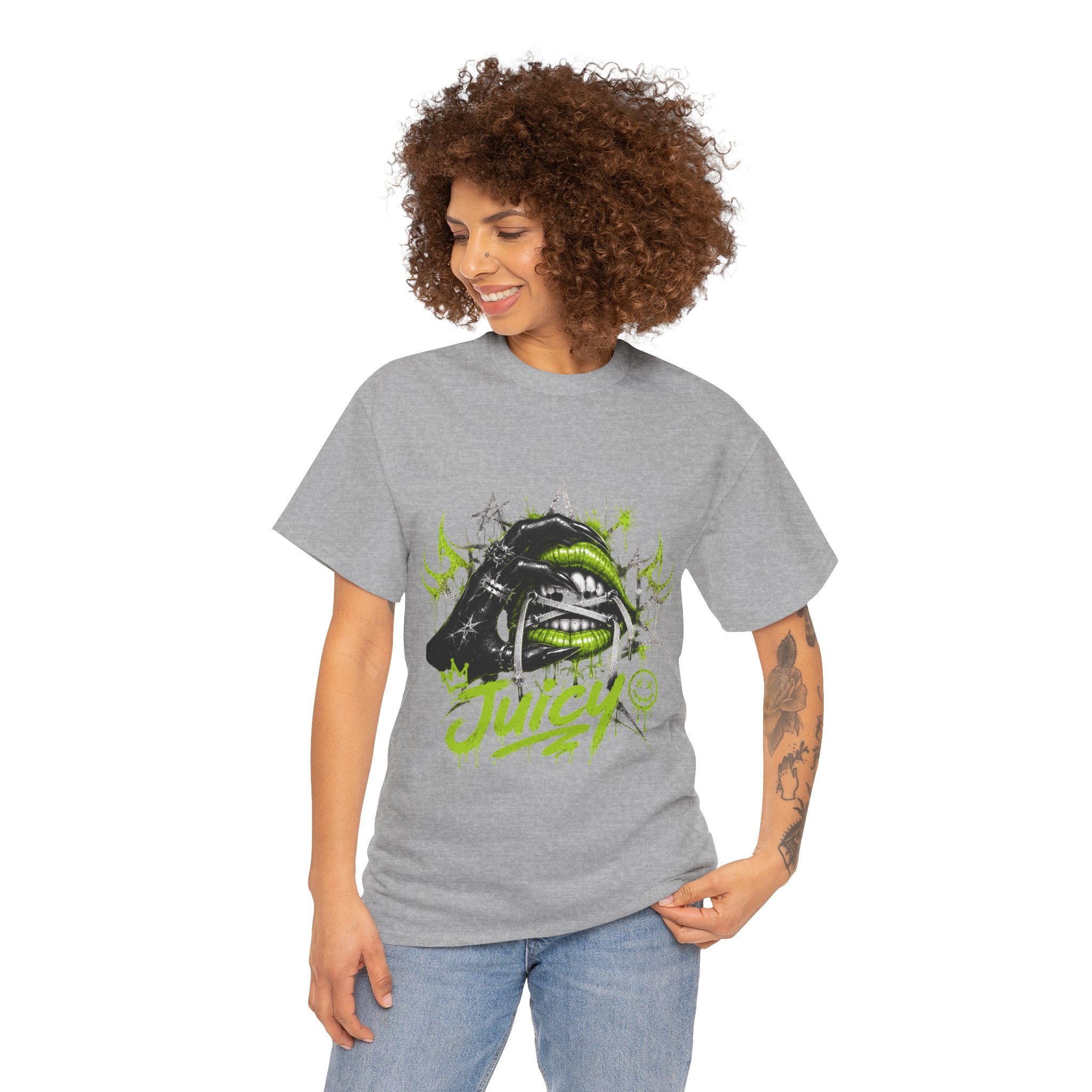 Juicy Graffiti Tee — Neon Green Street Art Graphic T-Shirt
