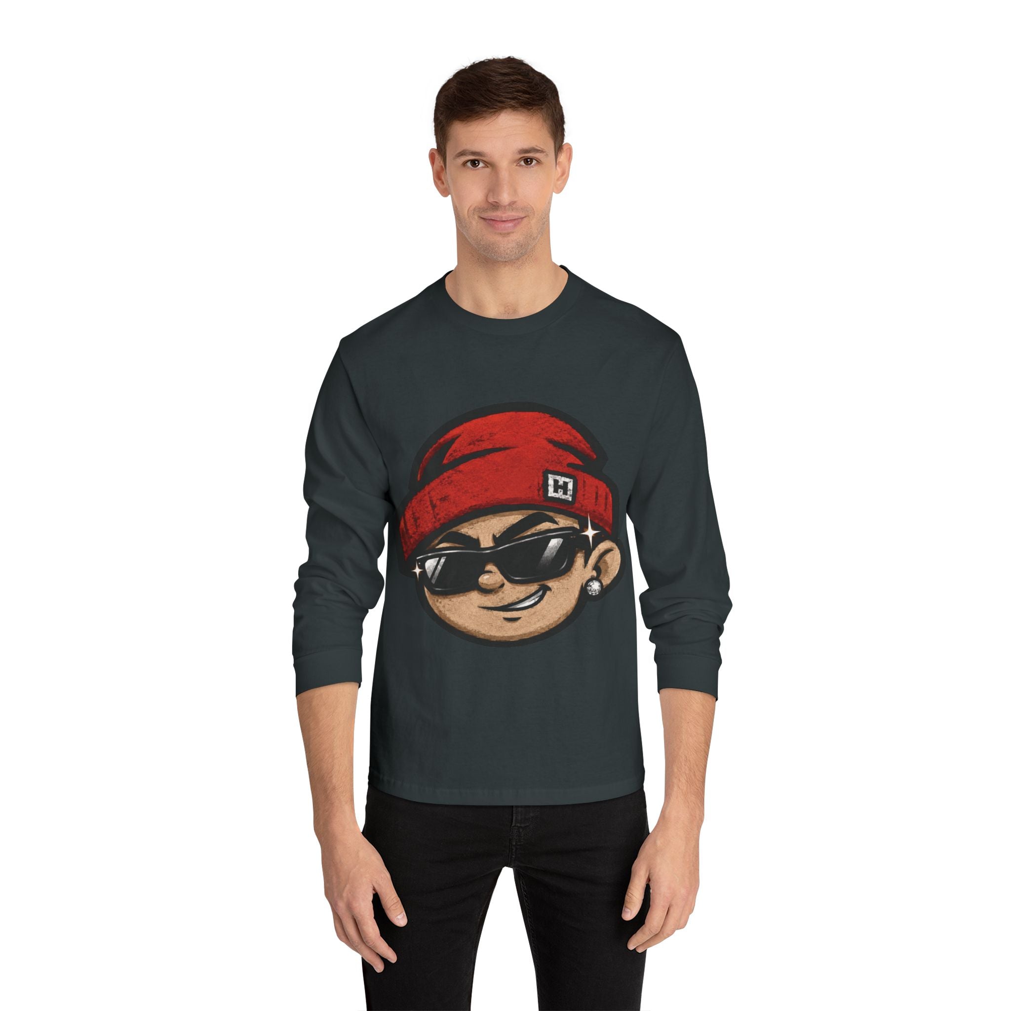 Streetwear Smiley Face Long Sleeve T-Shirt — Red Beanie Cool Kid Graphic