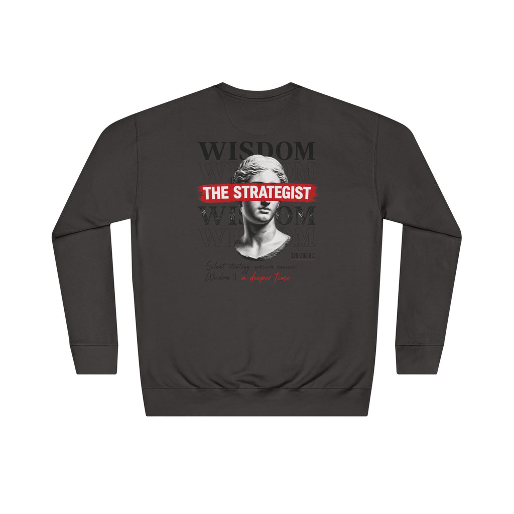 Strategist Crewneck Sweatshirt — Retro Classical Bust Graphic with 'The Strategist' Text