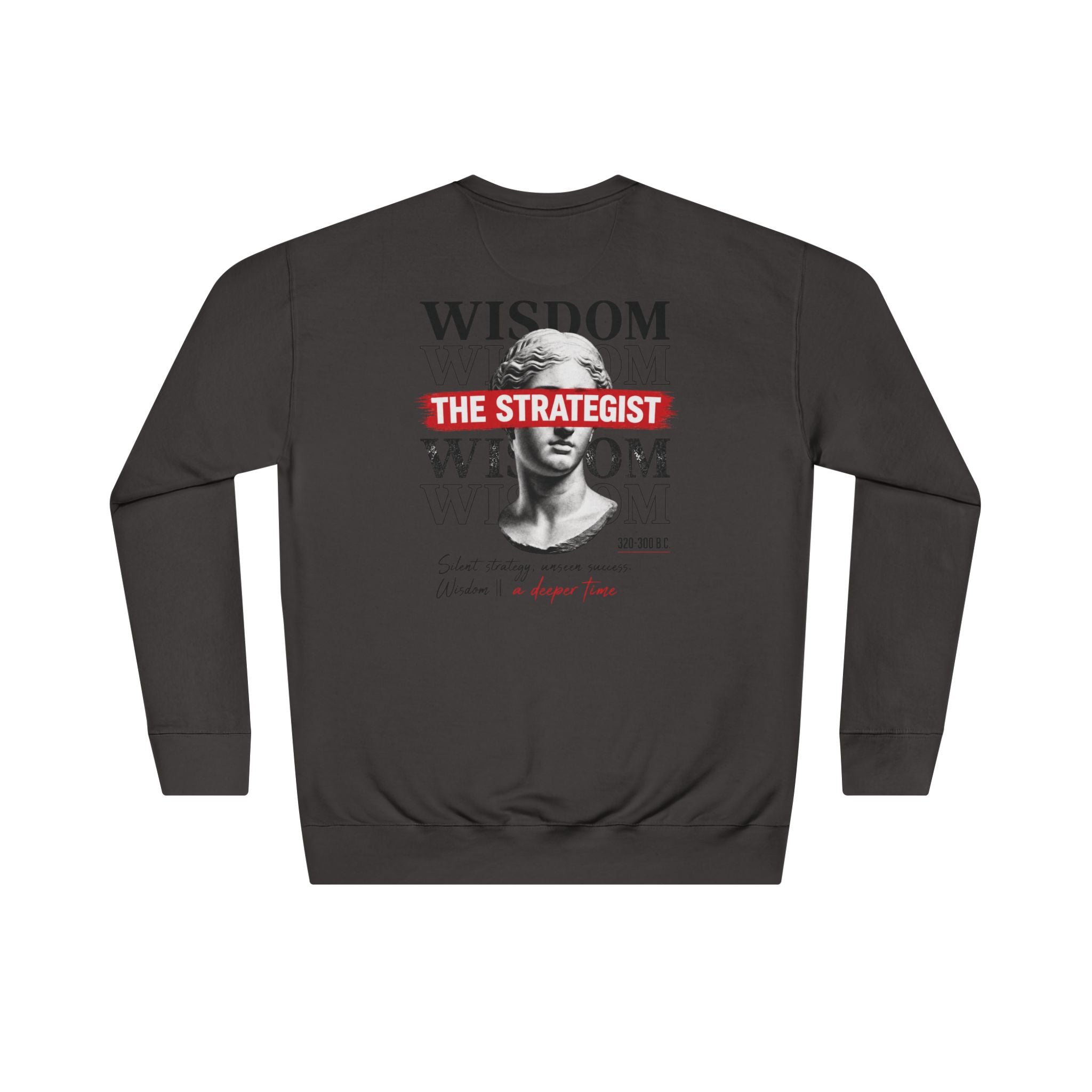 Strategist Crewneck Sweatshirt — Retro Classical Bust Graphic with 'The Strategist' Text