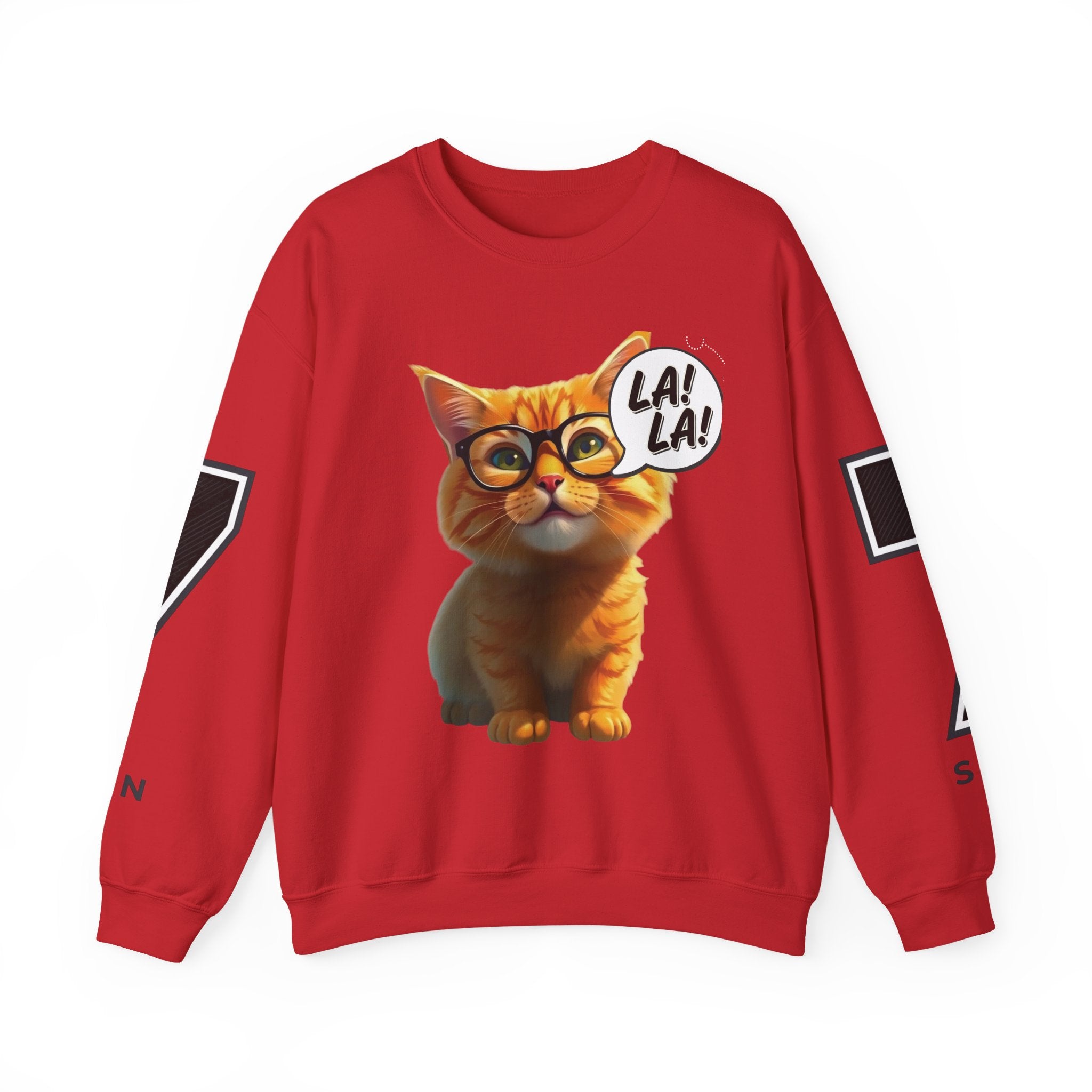 Cat Graphic Sweatshirt — Cute Orange Kitty with 'LA! LA!' Speech Bubble & Lion Crest Back