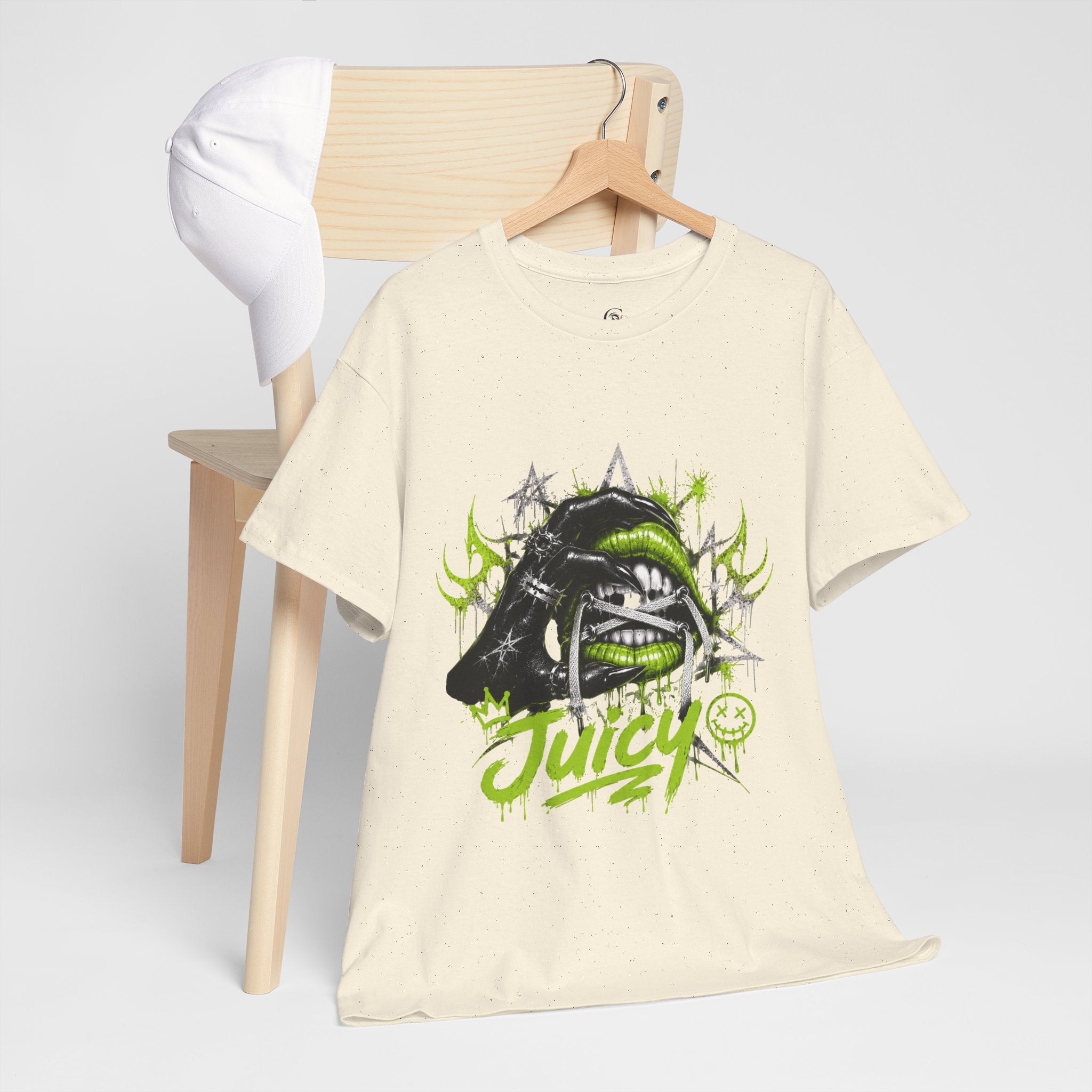 Juicy Graffiti Tee — Neon Green Street Art Graphic T-Shirt