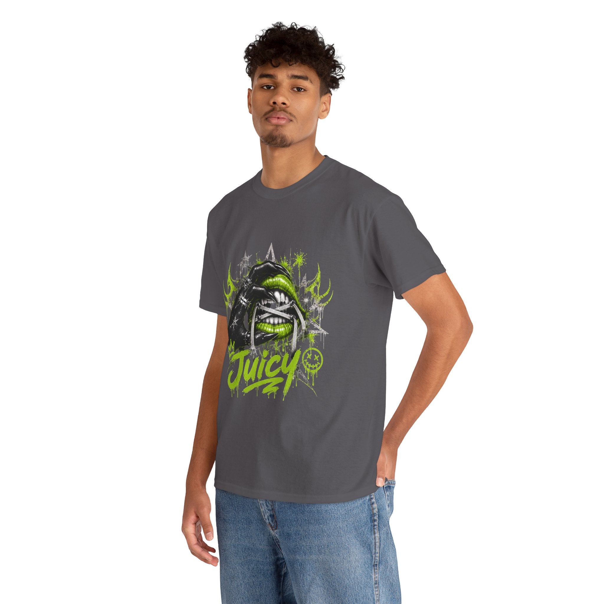Juicy Graffiti Tee — Neon Green Street Art Graphic T-Shirt