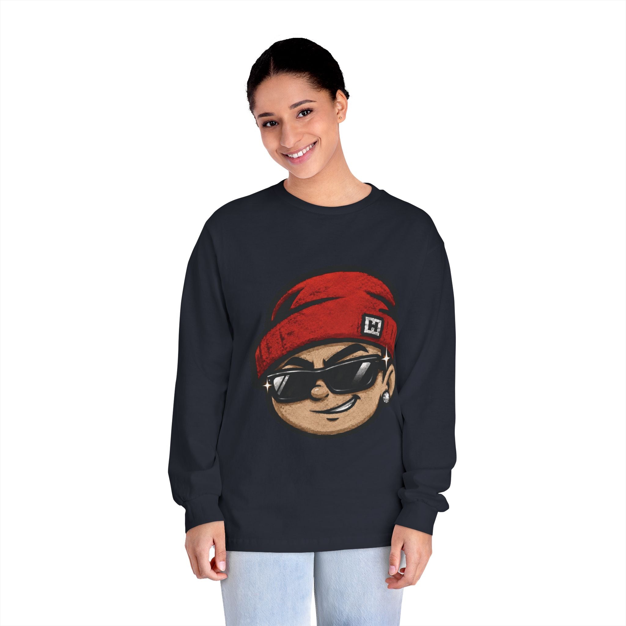 Streetwear Smiley Face Long Sleeve T-Shirt — Red Beanie Cool Kid Graphic