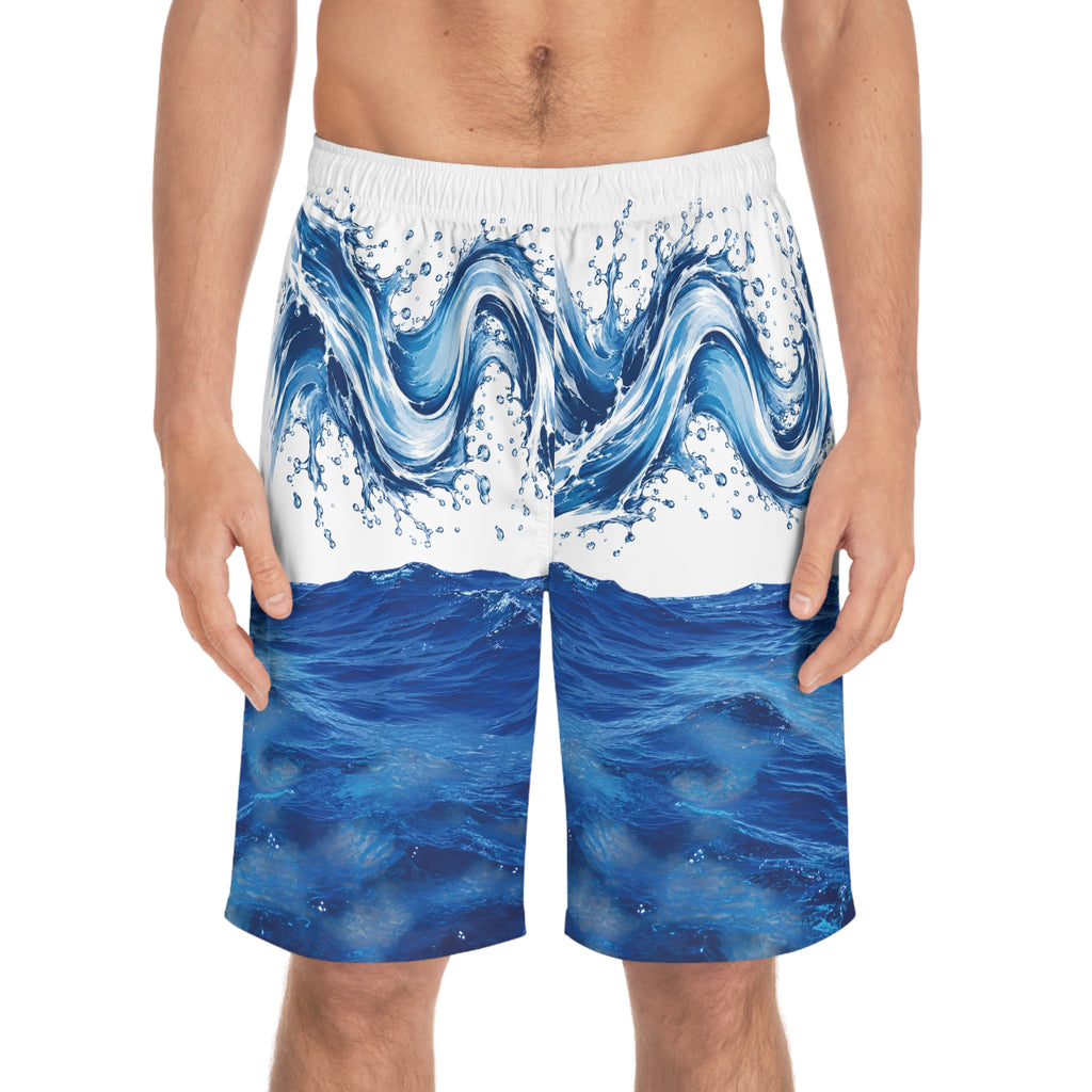 Men's Ocean Wave Board Shorts — Blue Surf Print Swim Trunks
