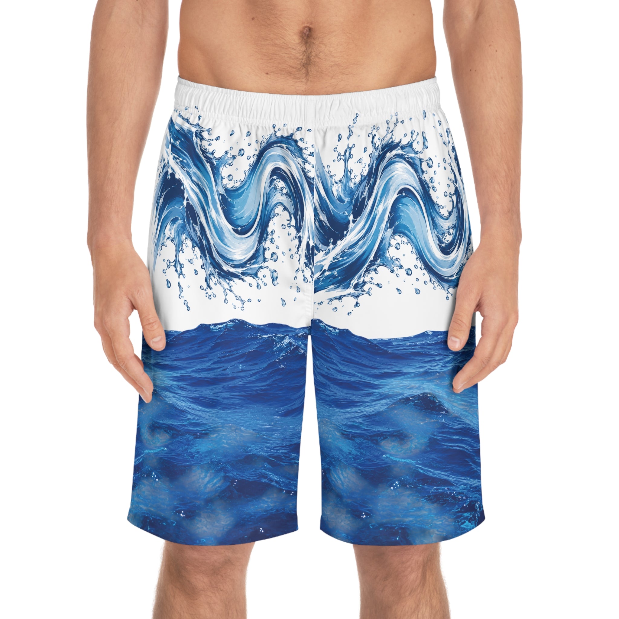 Men's Ocean Wave Board Shorts — Blue Surf Print Swim Trunks