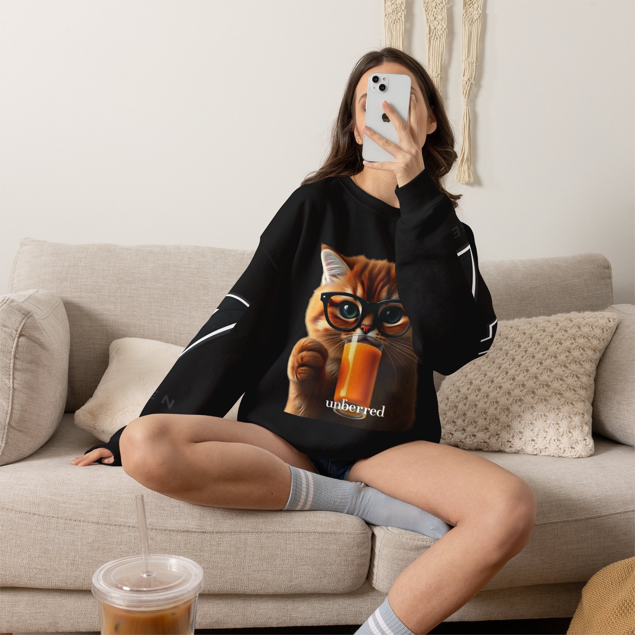Cat With Juice Graphic Sweatshirt — 'Unbothered' Cozy Crewneck
