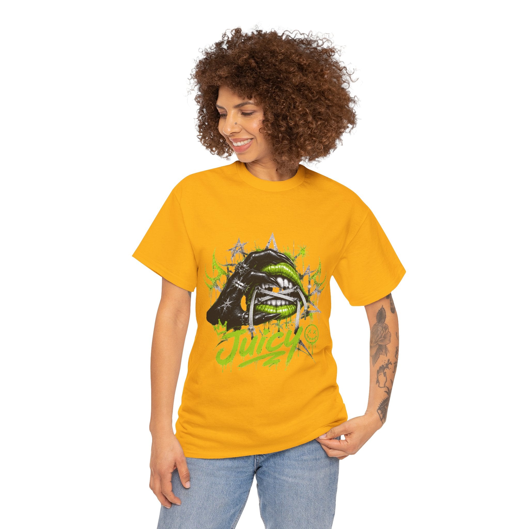 Juicy Graffiti Tee — Neon Green Street Art Graphic T-Shirt