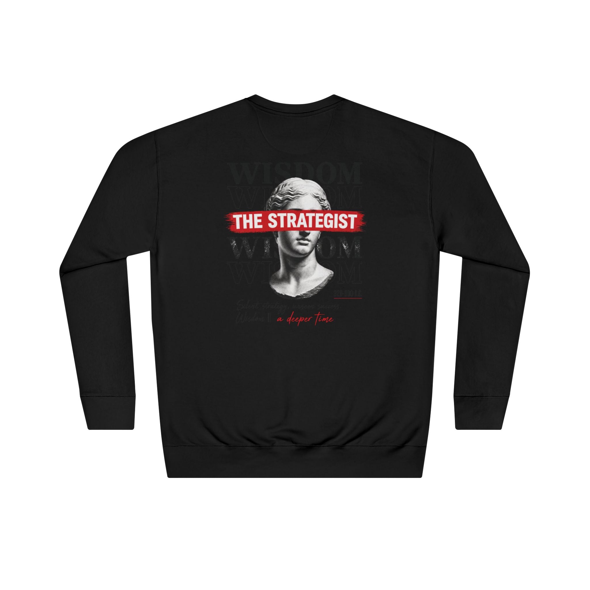 Strategist Crewneck Sweatshirt — Retro Classical Bust Graphic with 'The Strategist' Text