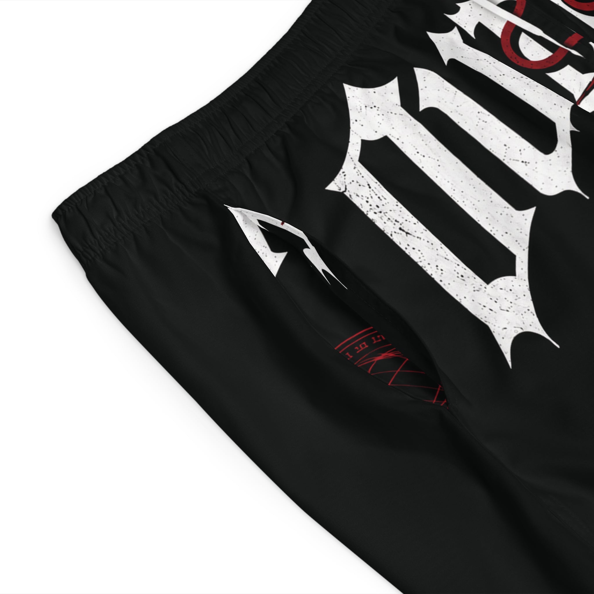 Forever Young Graphic Board Shorts — Men's Black Red Gothic Swim Trunks