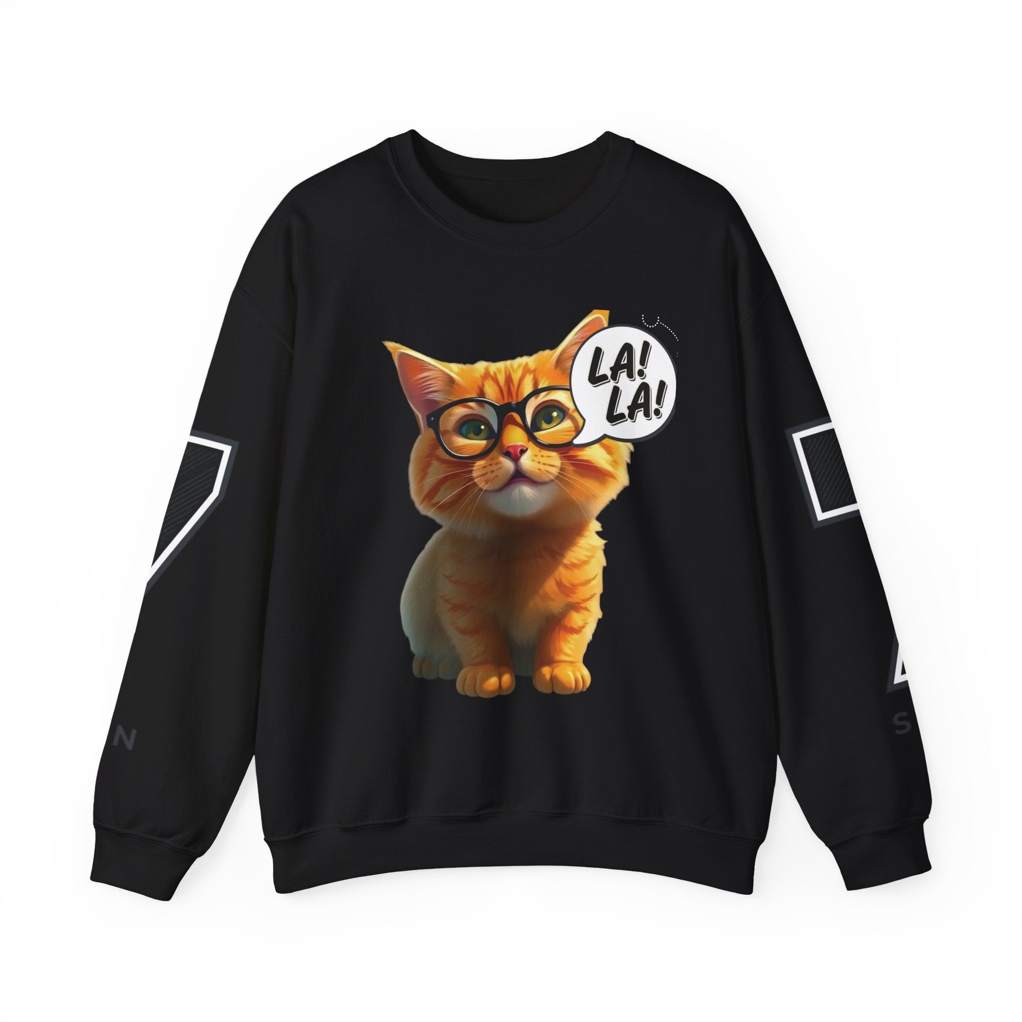 Cat Graphic Sweatshirt — Cute Orange Kitty with 'LA! LA!' Speech Bubble & Lion Crest Back