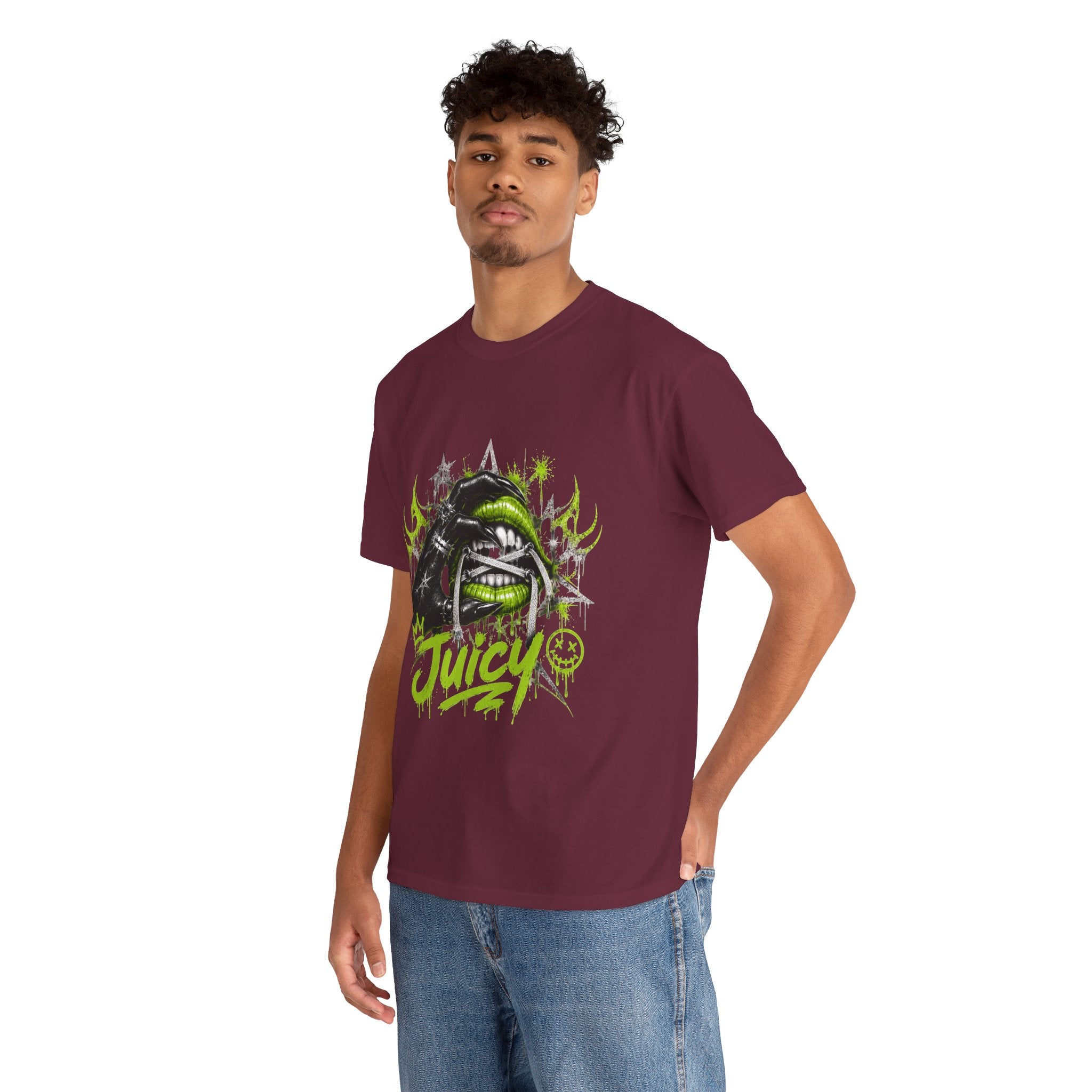 Juicy Graffiti Tee — Neon Green Street Art Graphic T-Shirt