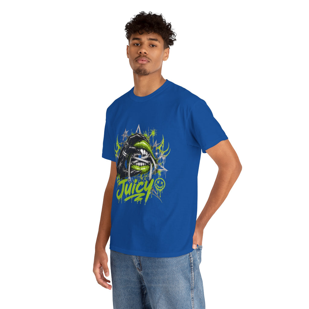 Juicy Graffiti Tee — Neon Green Street Art Graphic T-Shirt