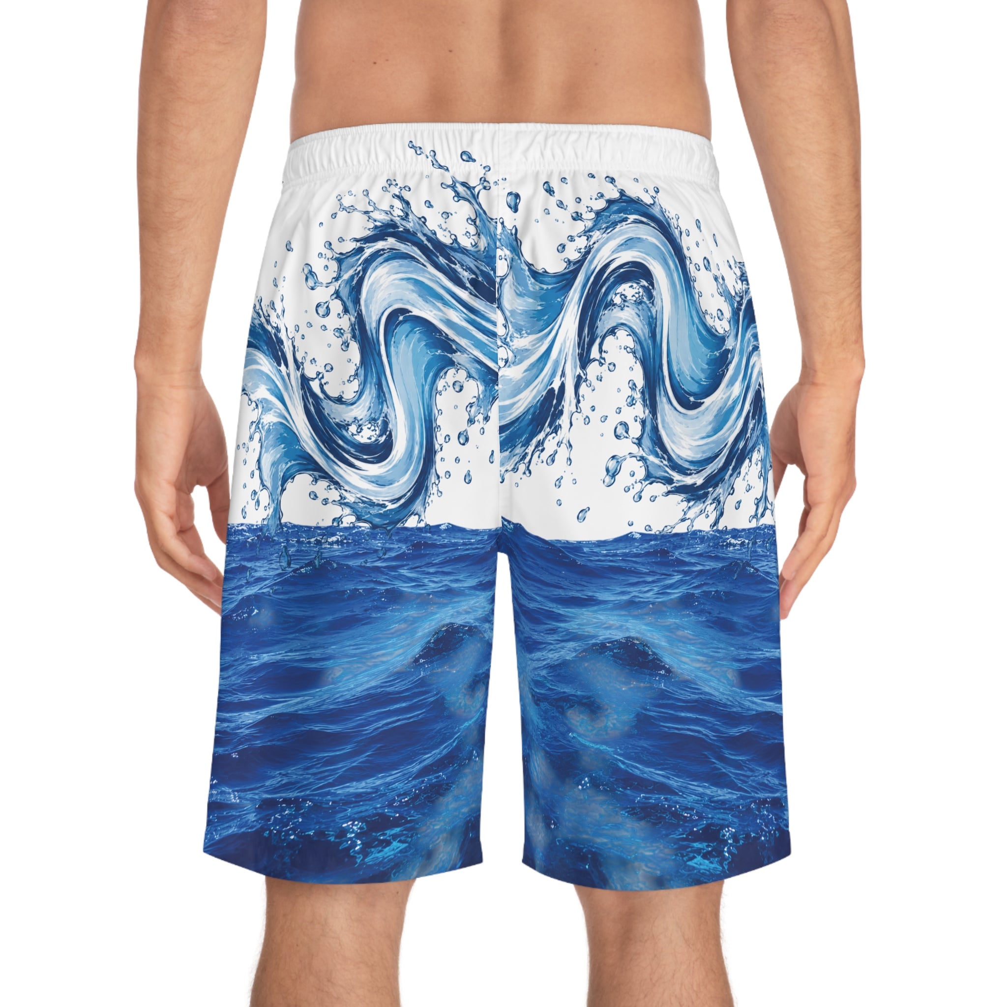 Men's Ocean Wave Board Shorts — Blue Surf Print Swim Trunks