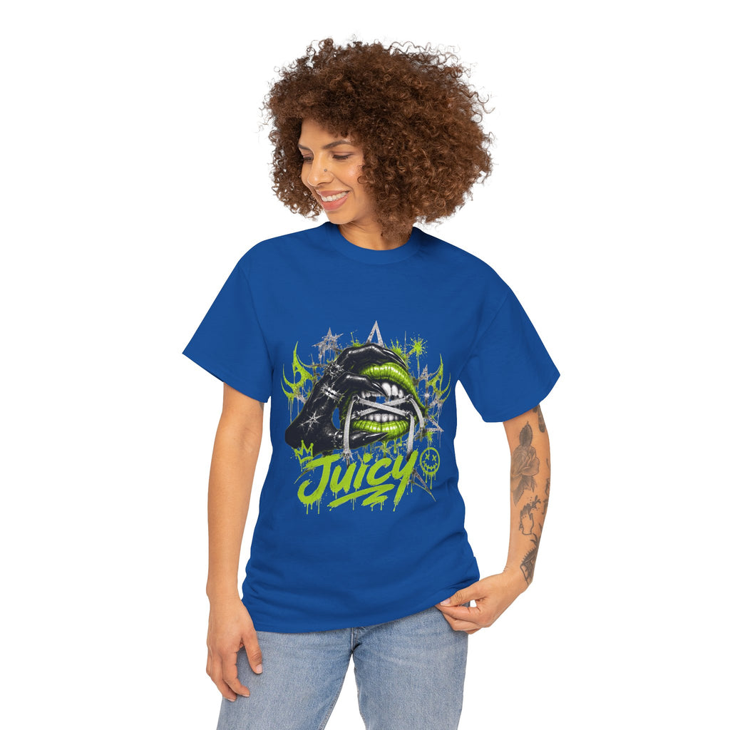 Juicy Graffiti Tee — Neon Green Street Art Graphic T-Shirt