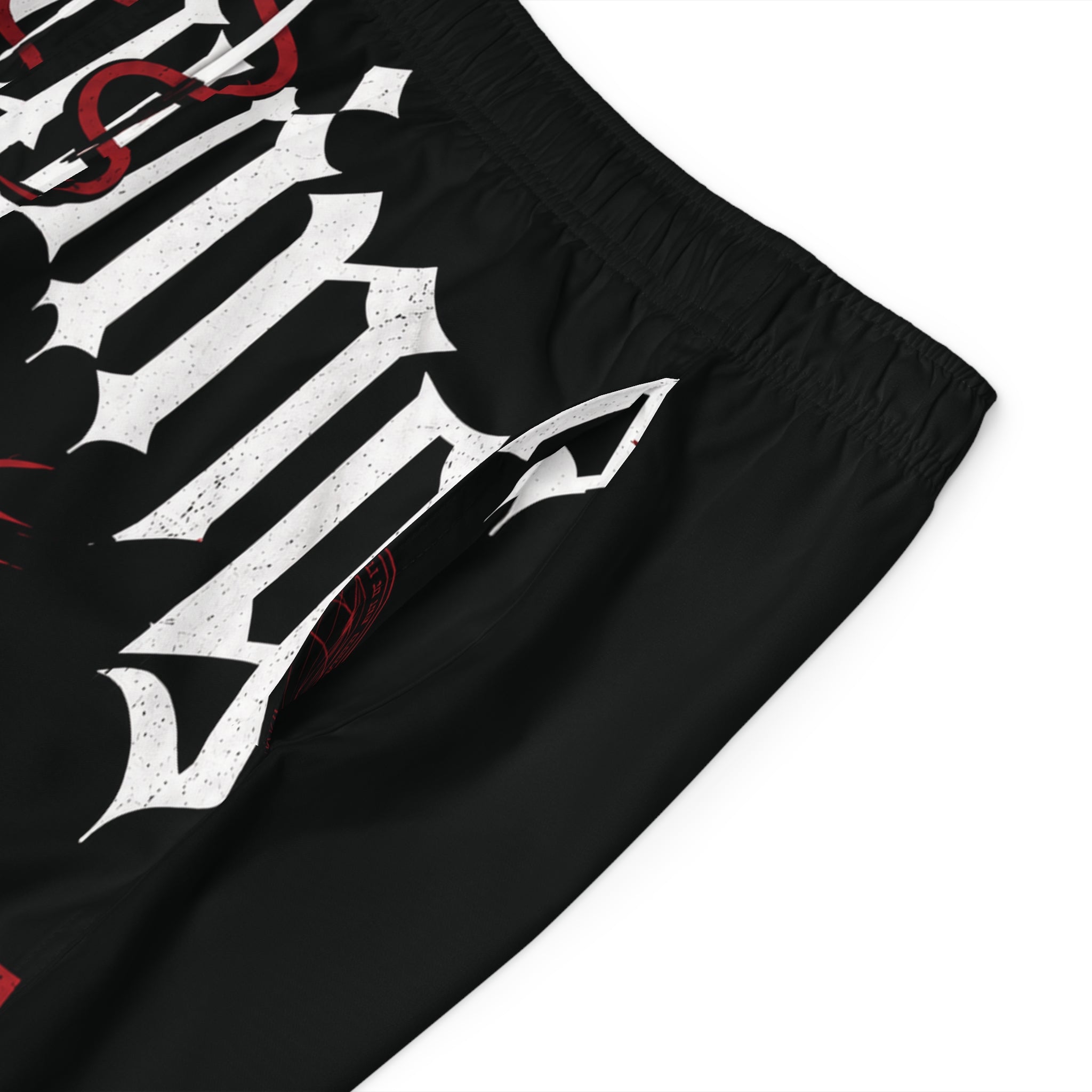Forever Young Graphic Board Shorts — Men's Black Red Gothic Swim Trunks