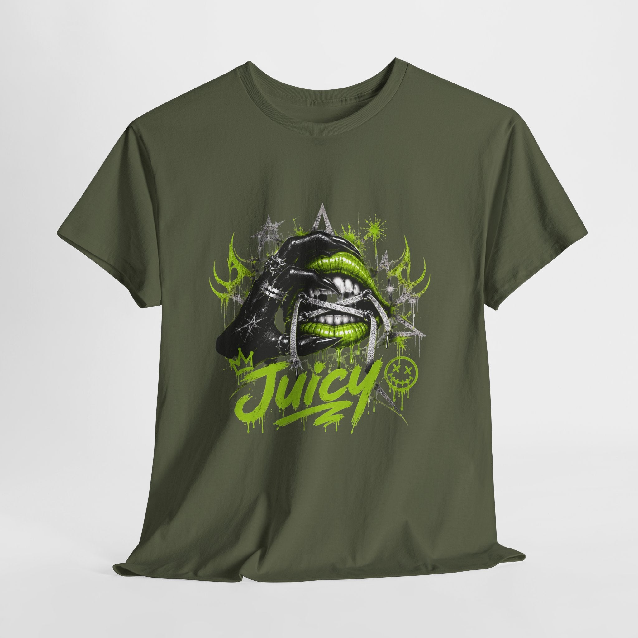 Juicy Graffiti Tee — Neon Green Street Art Graphic T-Shirt