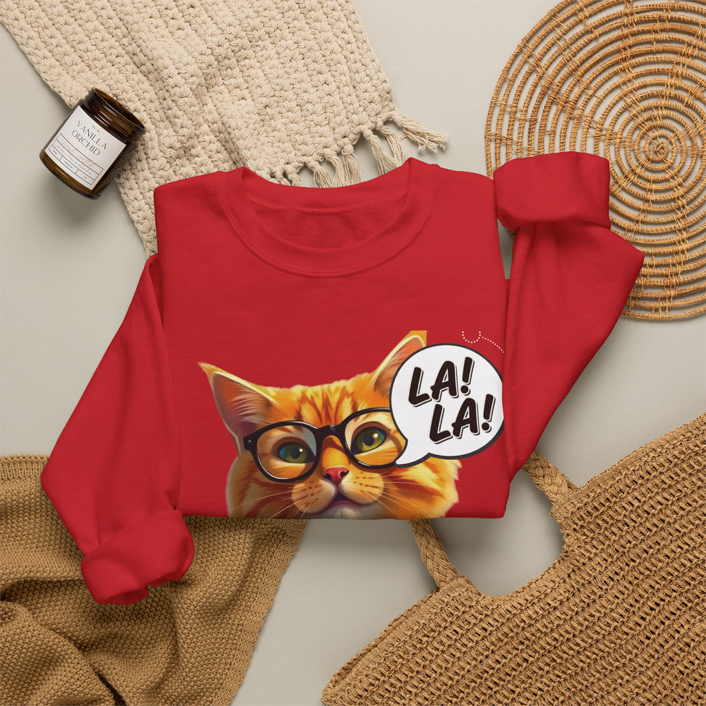 Cat Graphic Sweatshirt — Cute Orange Kitty with 'LA! LA!' Speech Bubble & Lion Crest Back