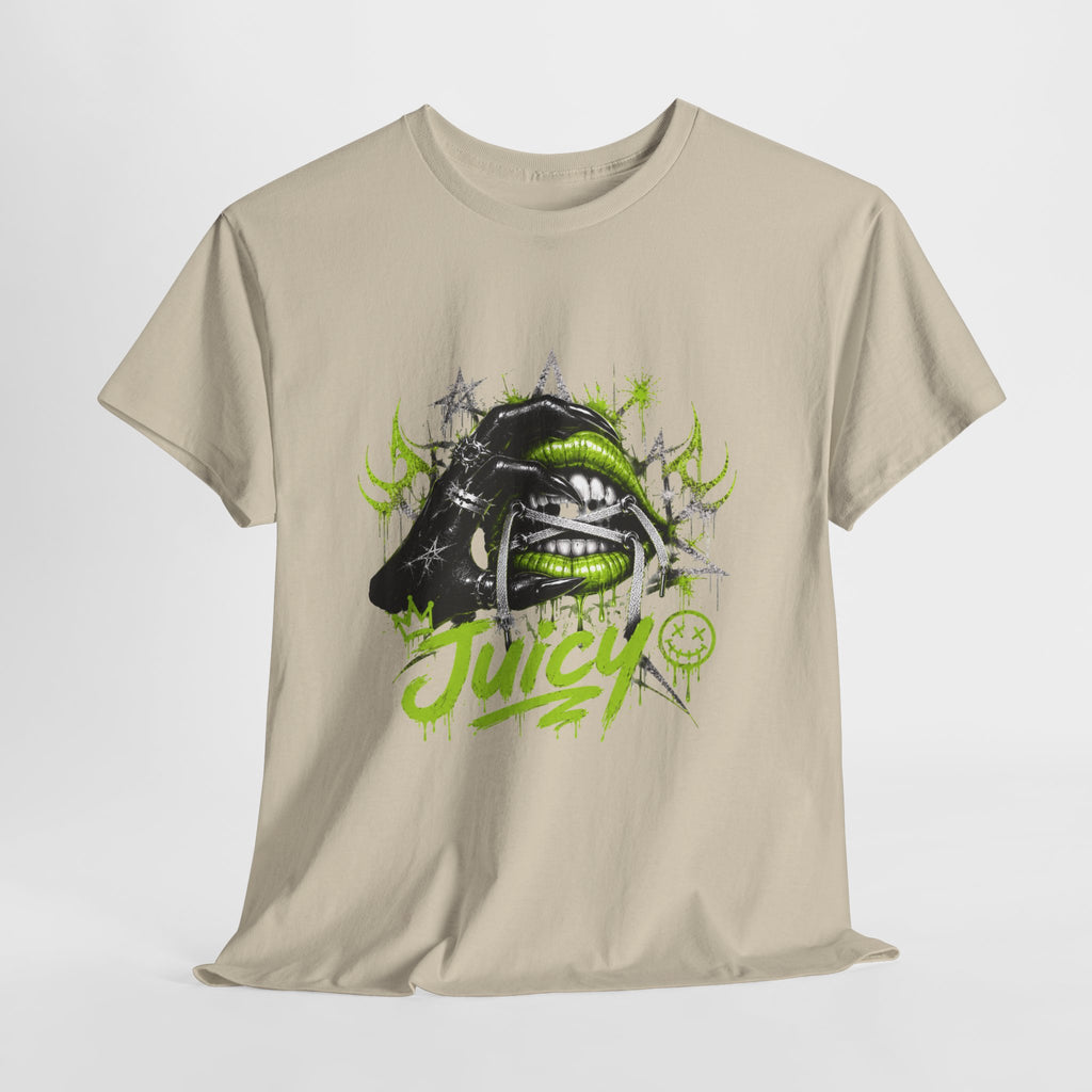 Juicy Graffiti Tee — Neon Green Street Art Graphic T-Shirt