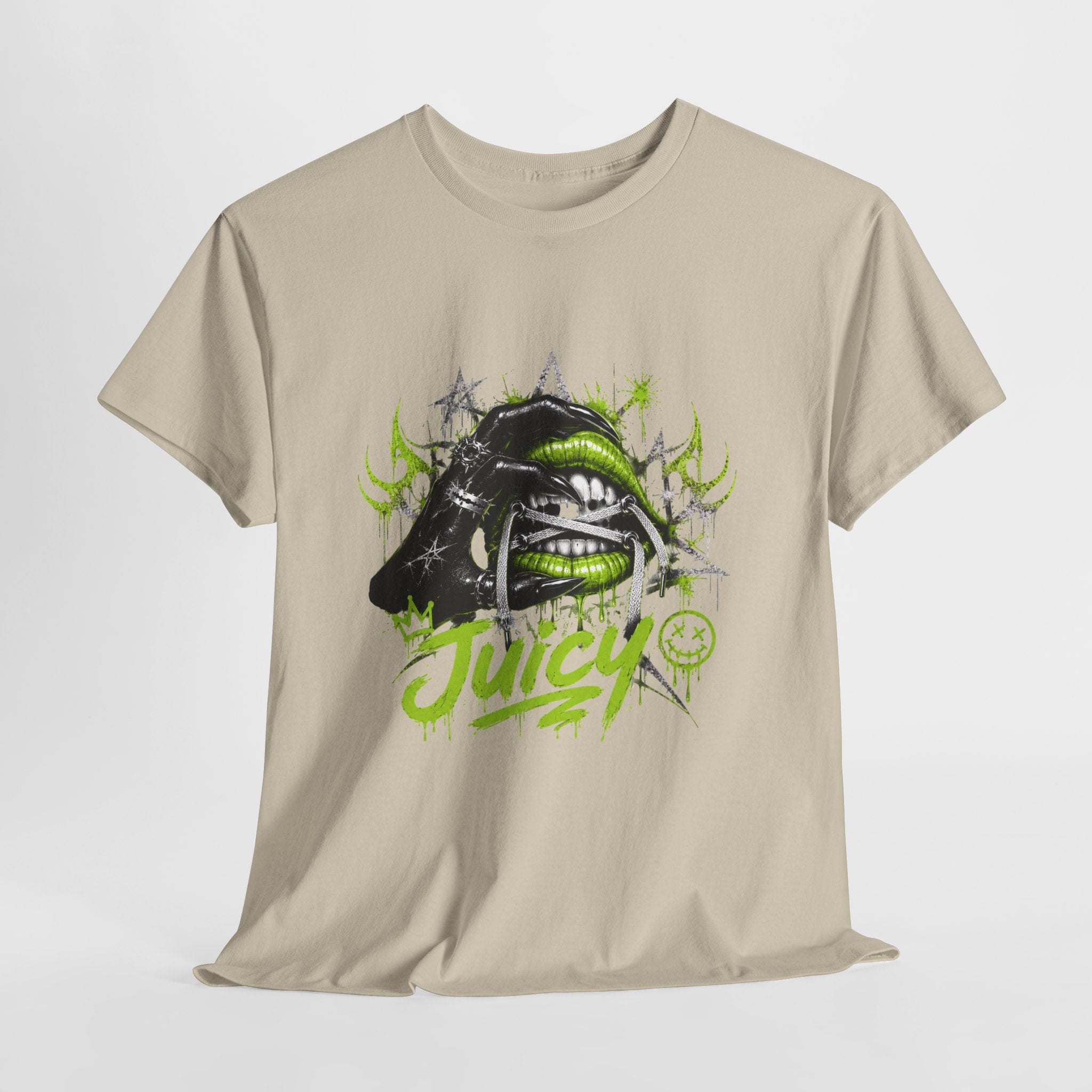 Juicy Graffiti Tee — Neon Green Street Art Graphic T-Shirt