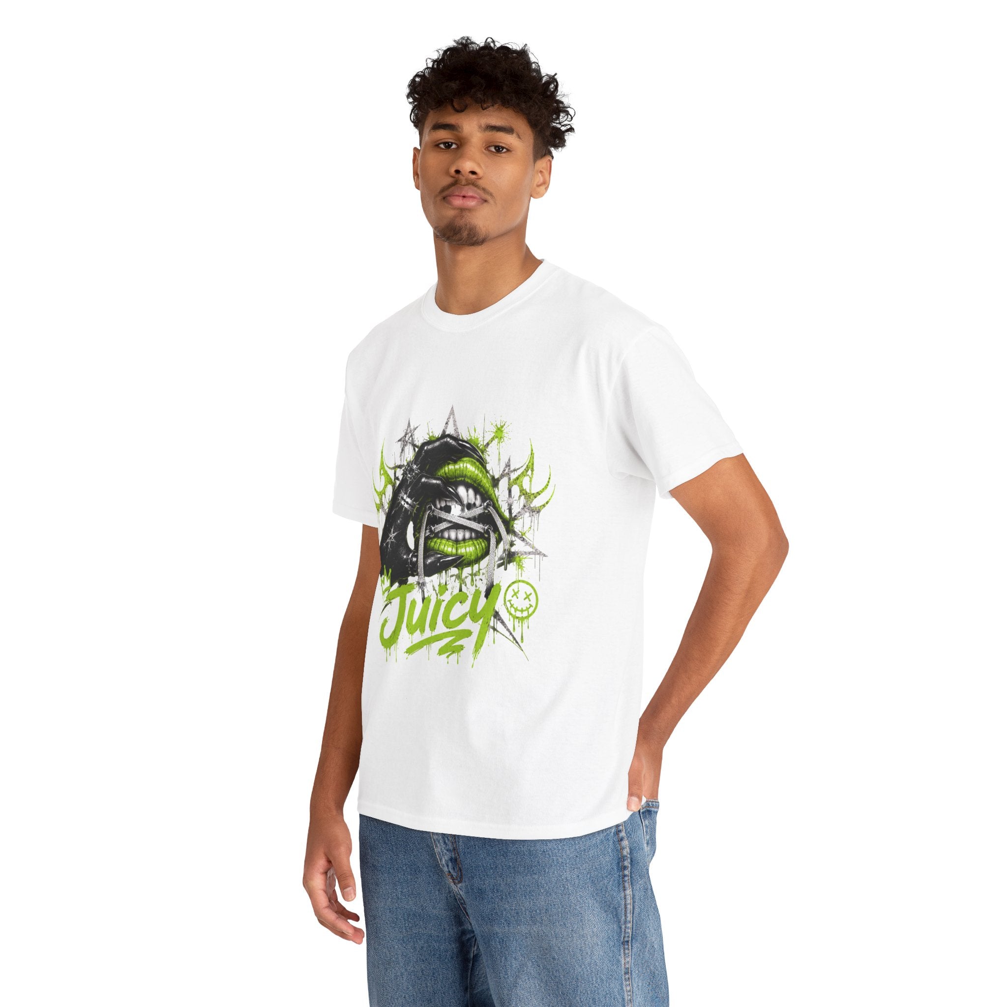 Juicy Graffiti Tee — Neon Green Street Art Graphic T-Shirt