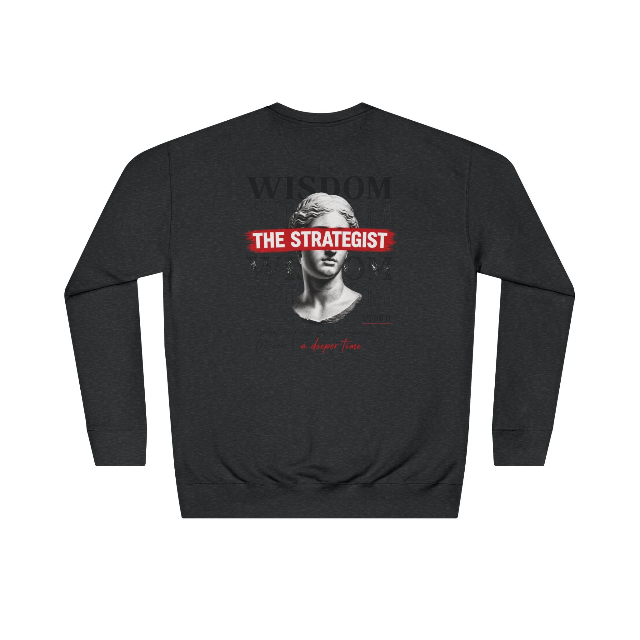 Strategist Crewneck Sweatshirt — Retro Classical Bust Graphic with 'The Strategist' Text