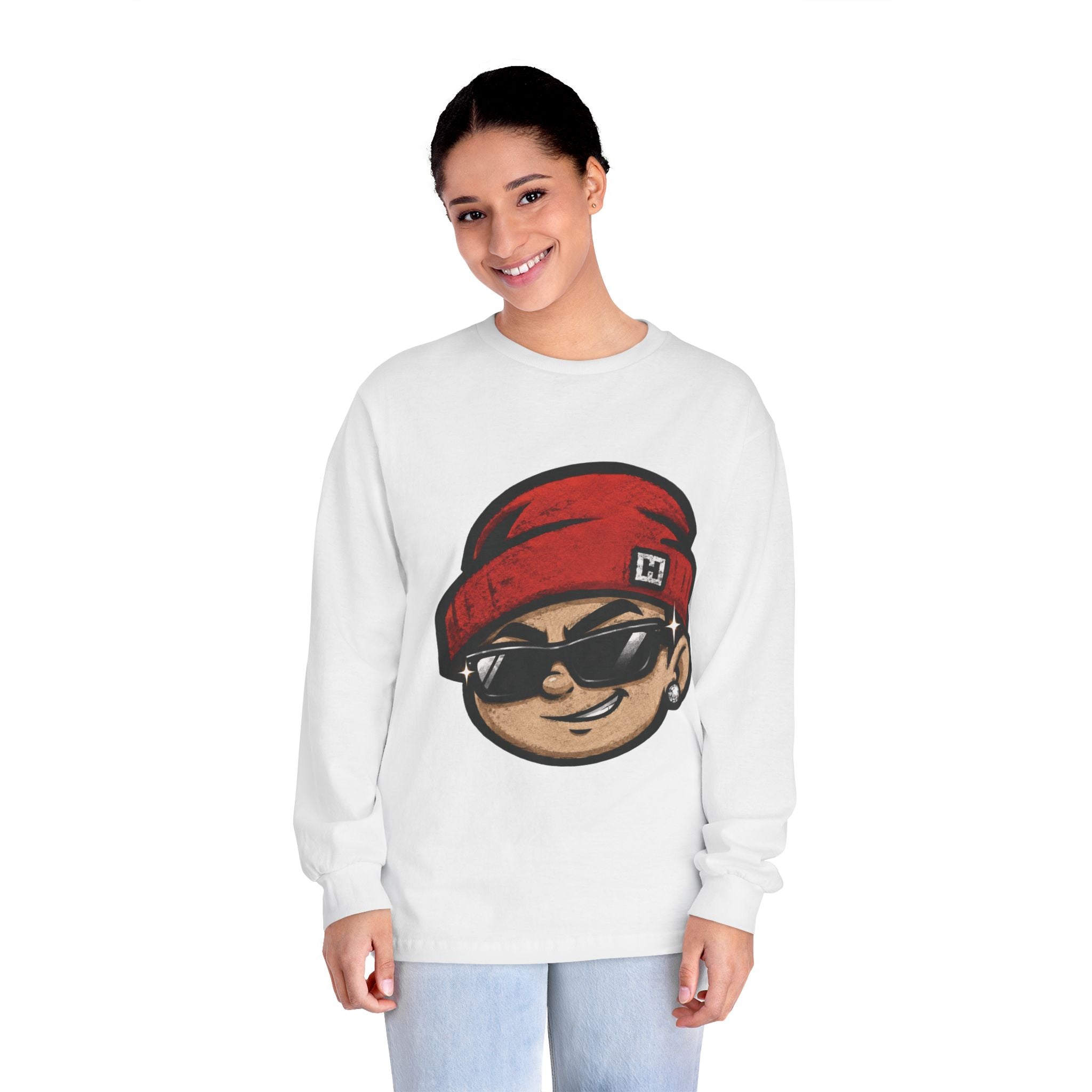 Streetwear Smiley Face Long Sleeve T-Shirt — Red Beanie Cool Kid Graphic