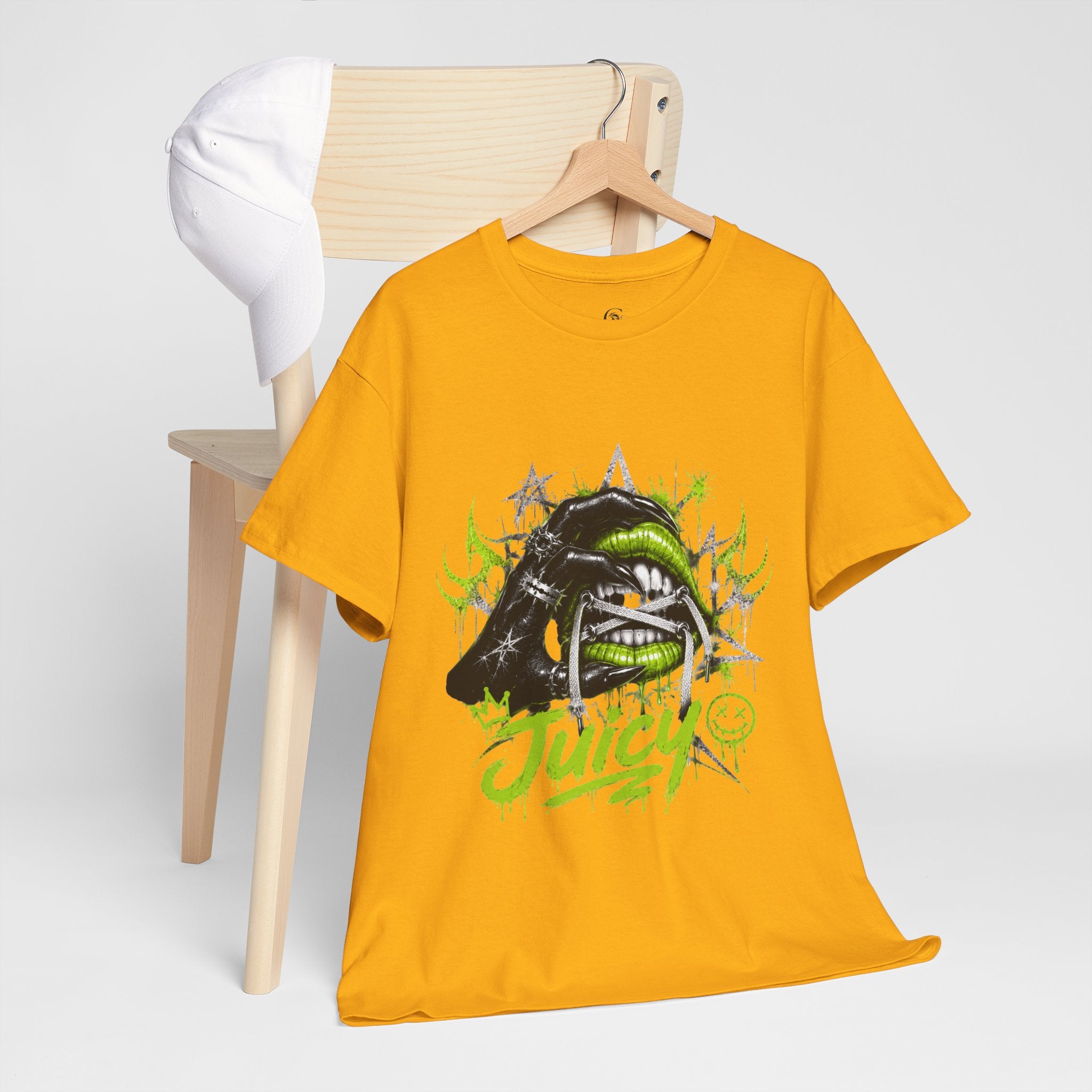 Juicy Graffiti Tee — Neon Green Street Art Graphic T-Shirt