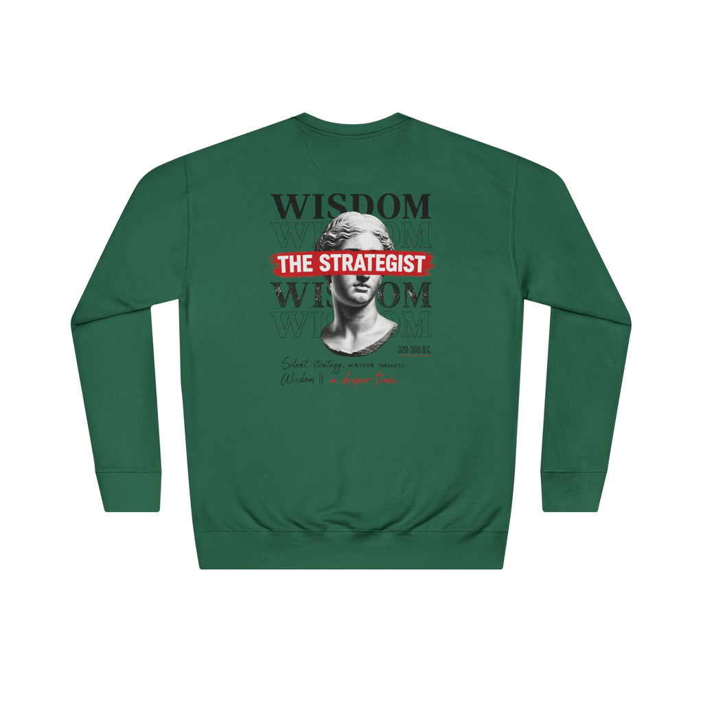 Strategist Crewneck Sweatshirt — Retro Classical Bust Graphic with 'The Strategist' Text