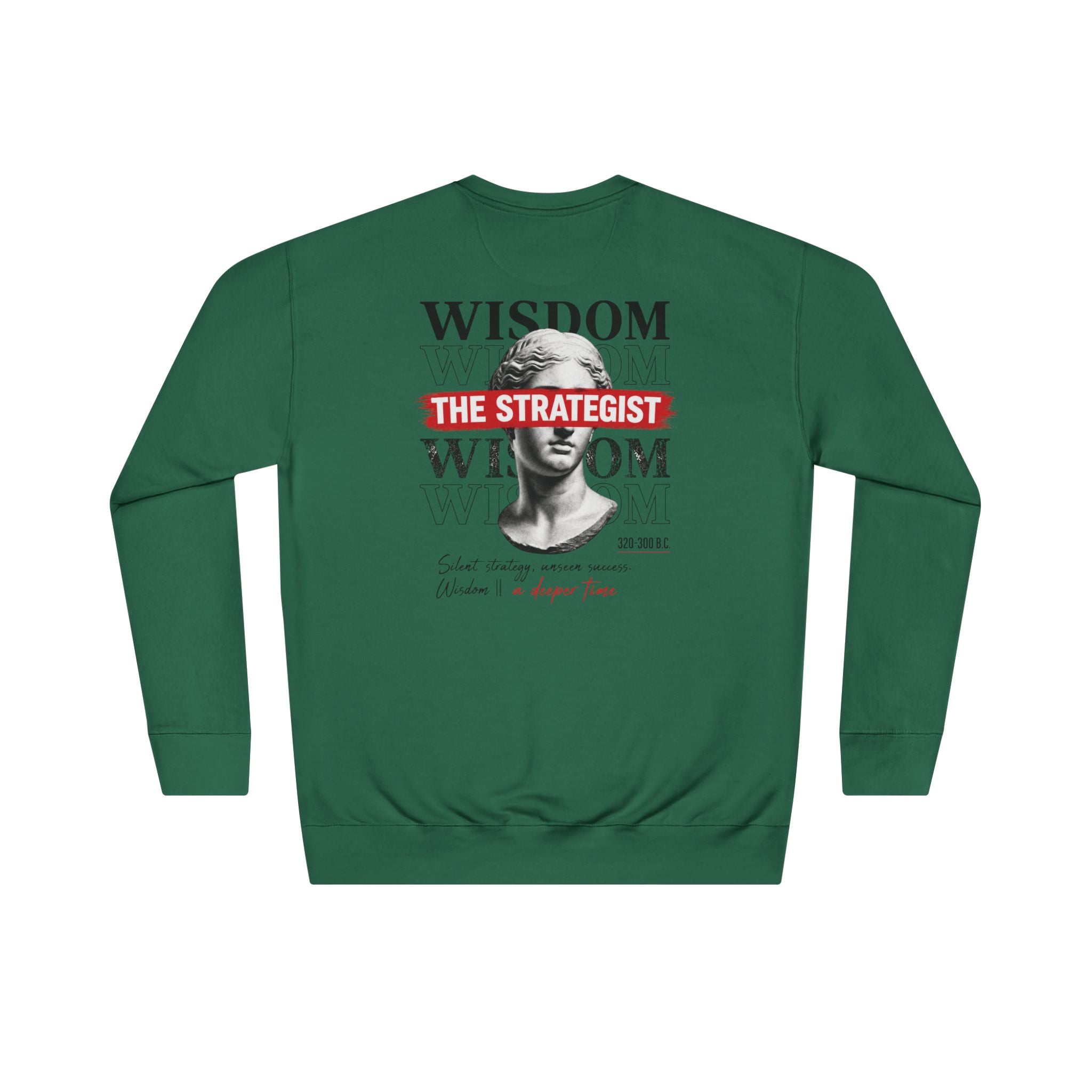 Strategist Crewneck Sweatshirt — Retro Classical Bust Graphic with 'The Strategist' Text