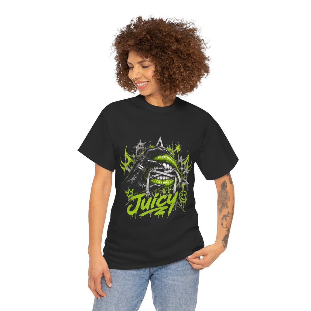 Juicy Graffiti Tee — Neon Green Street Art Graphic T-Shirt