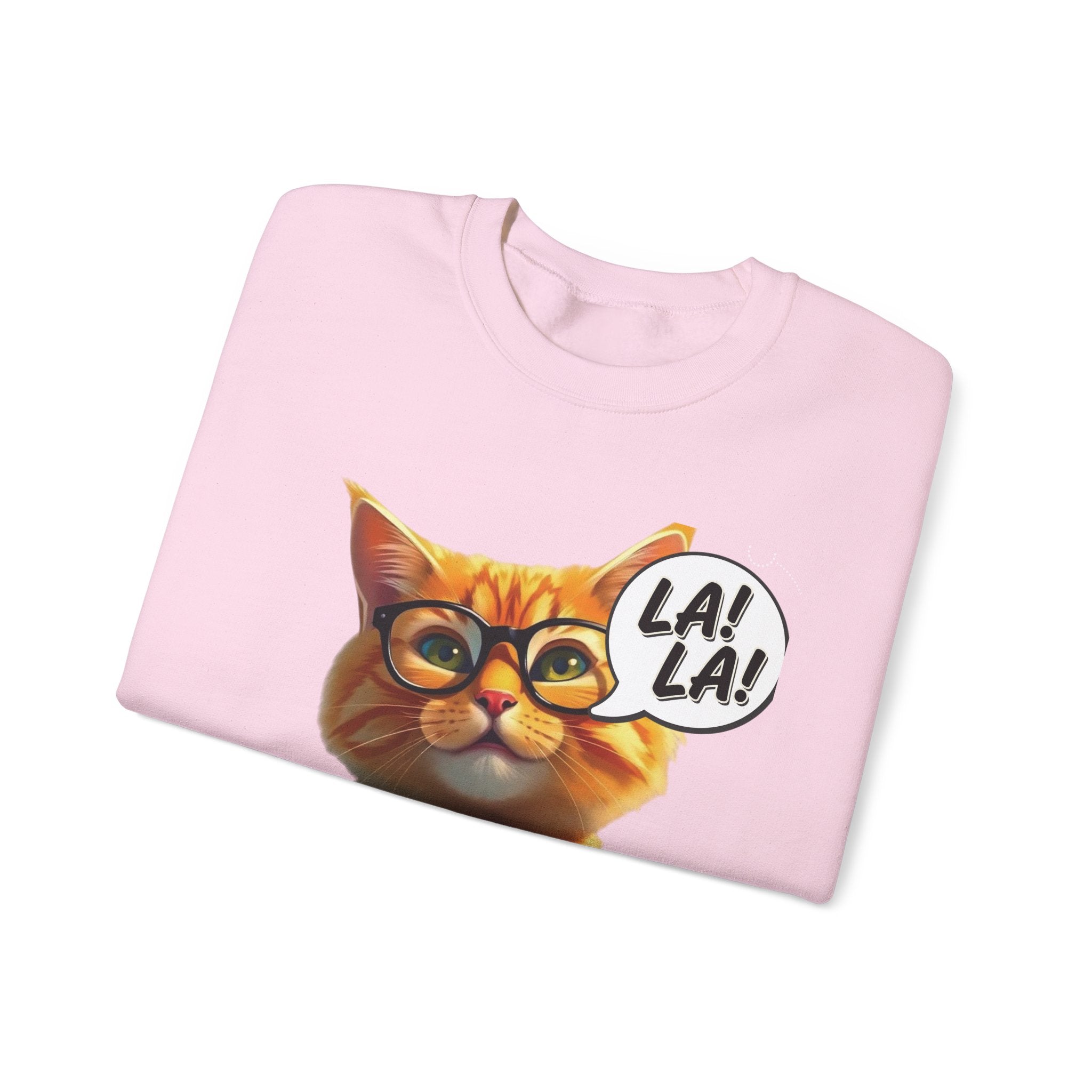 Cat Graphic Sweatshirt — Cute Orange Kitty with 'LA! LA!' Speech Bubble & Lion Crest Back