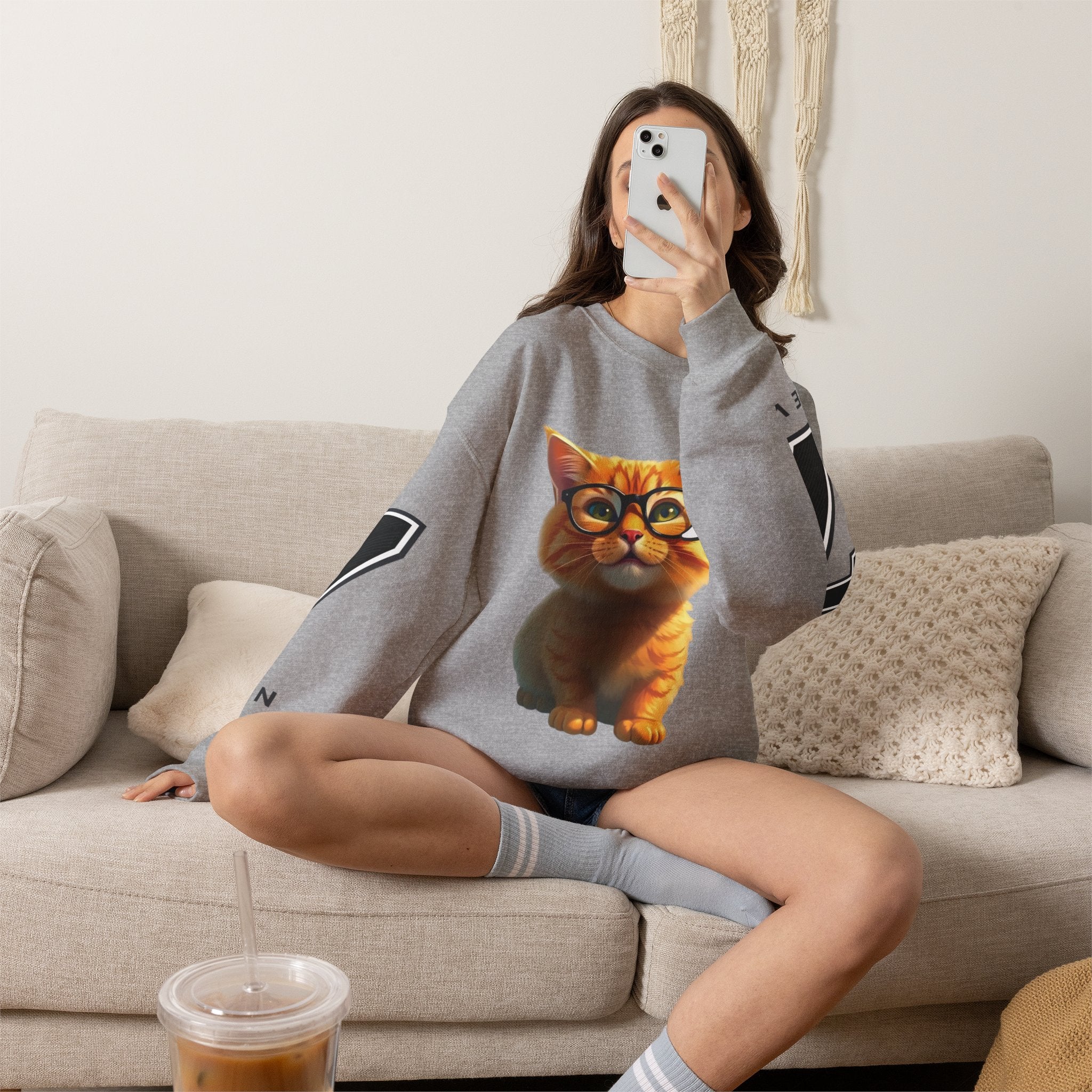 Cat Graphic Sweatshirt — Cute Orange Kitty with 'LA! LA!' Speech Bubble & Lion Crest Back