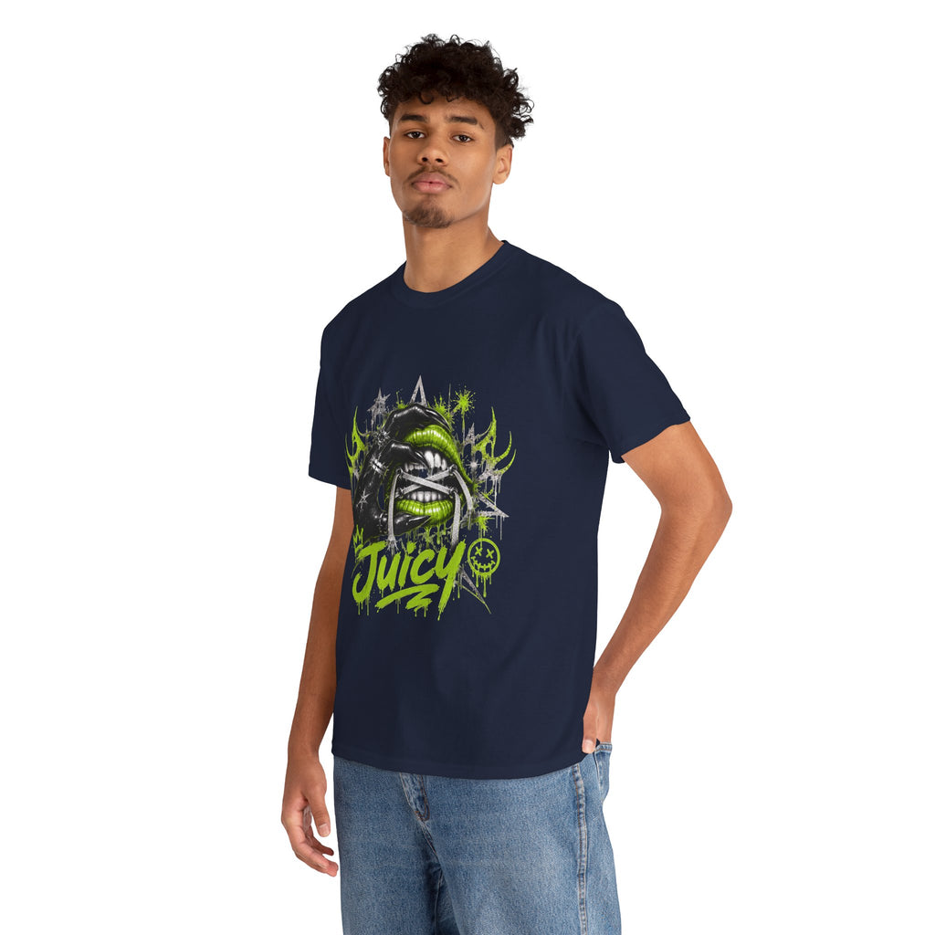 Juicy Graffiti Tee — Neon Green Street Art Graphic T-Shirt