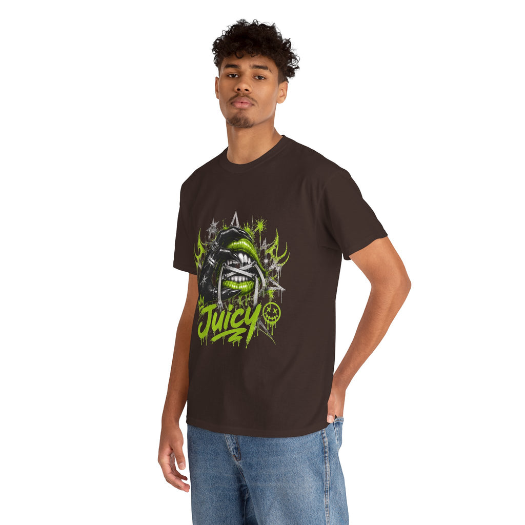 Juicy Graffiti Tee — Neon Green Street Art Graphic T-Shirt