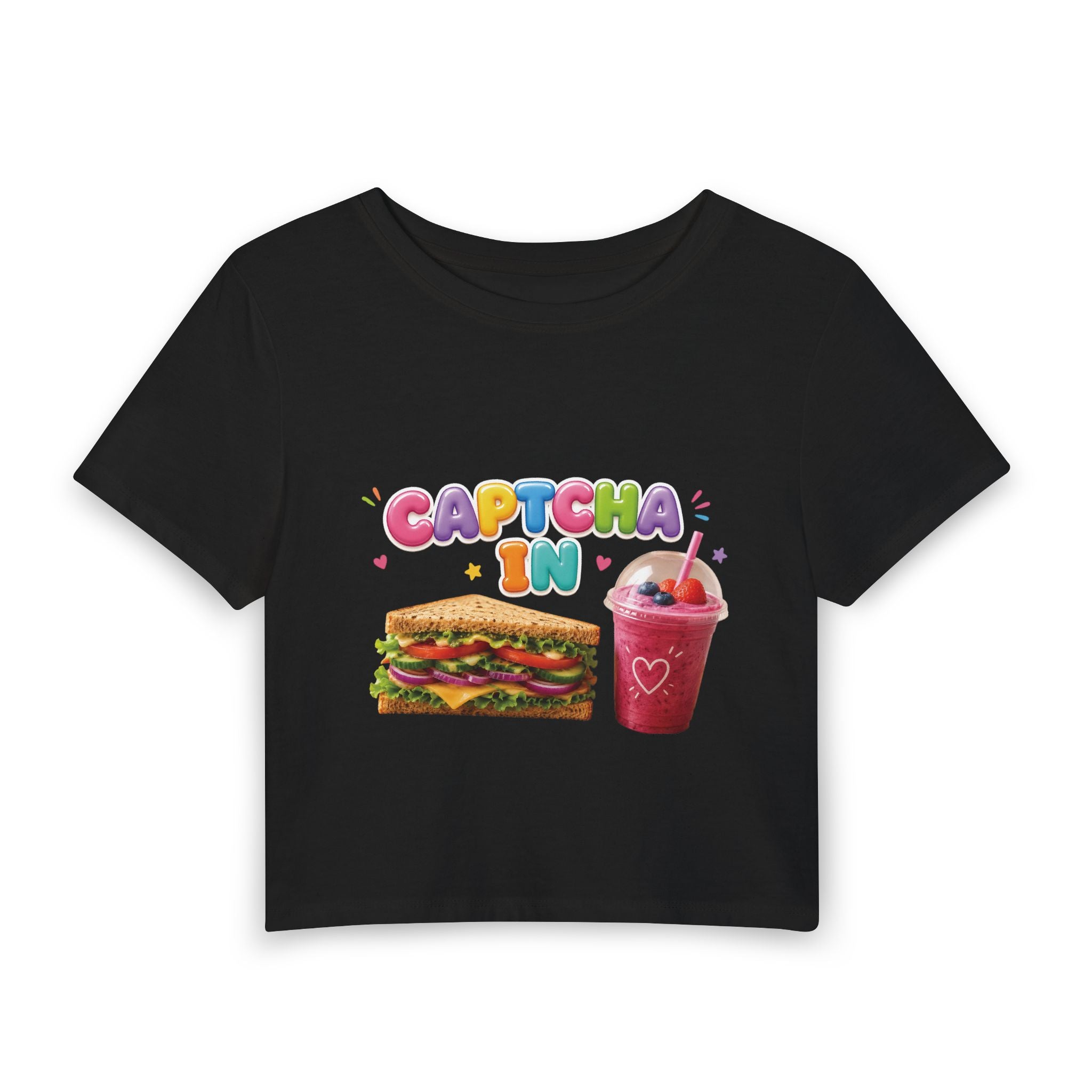 Women's Baby Tee — Cute Sandwich & Smoothie 'CAPTCHA IN' Graphic Crop Top