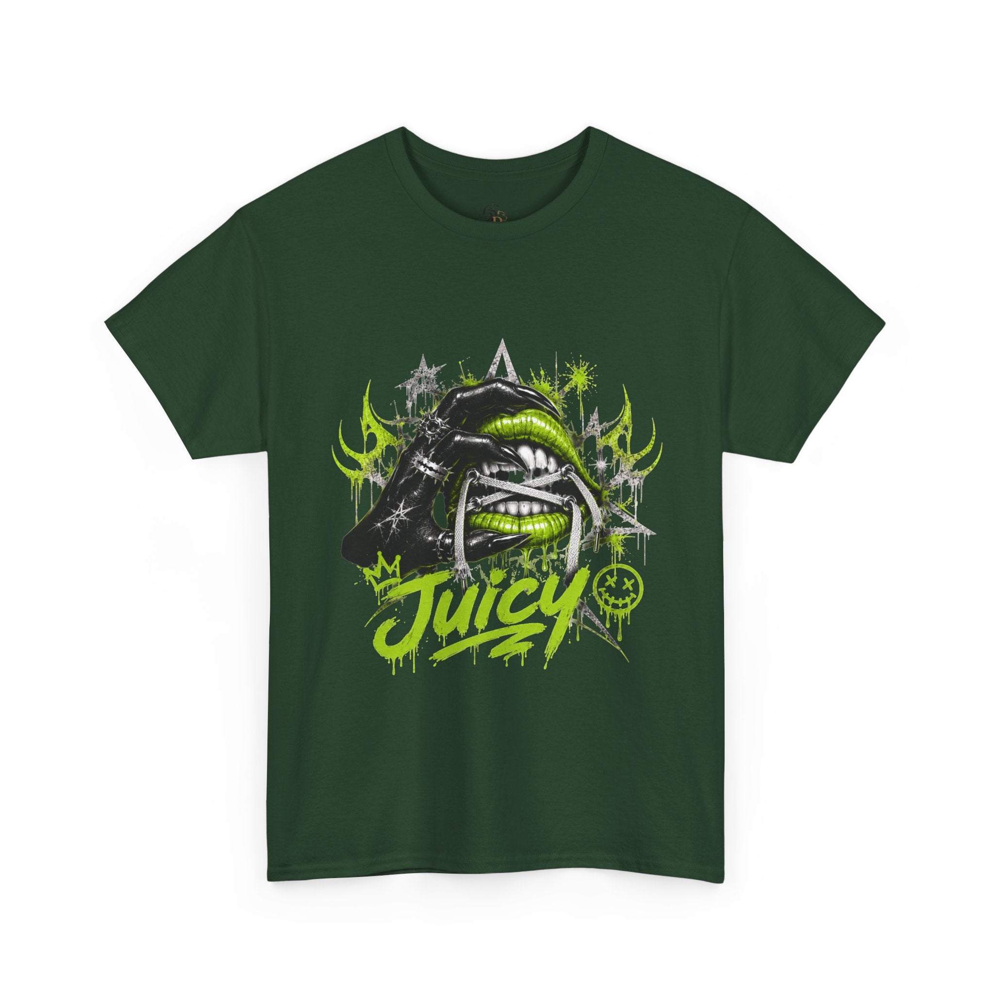 Juicy Graffiti Tee — Neon Green Street Art Graphic T-Shirt