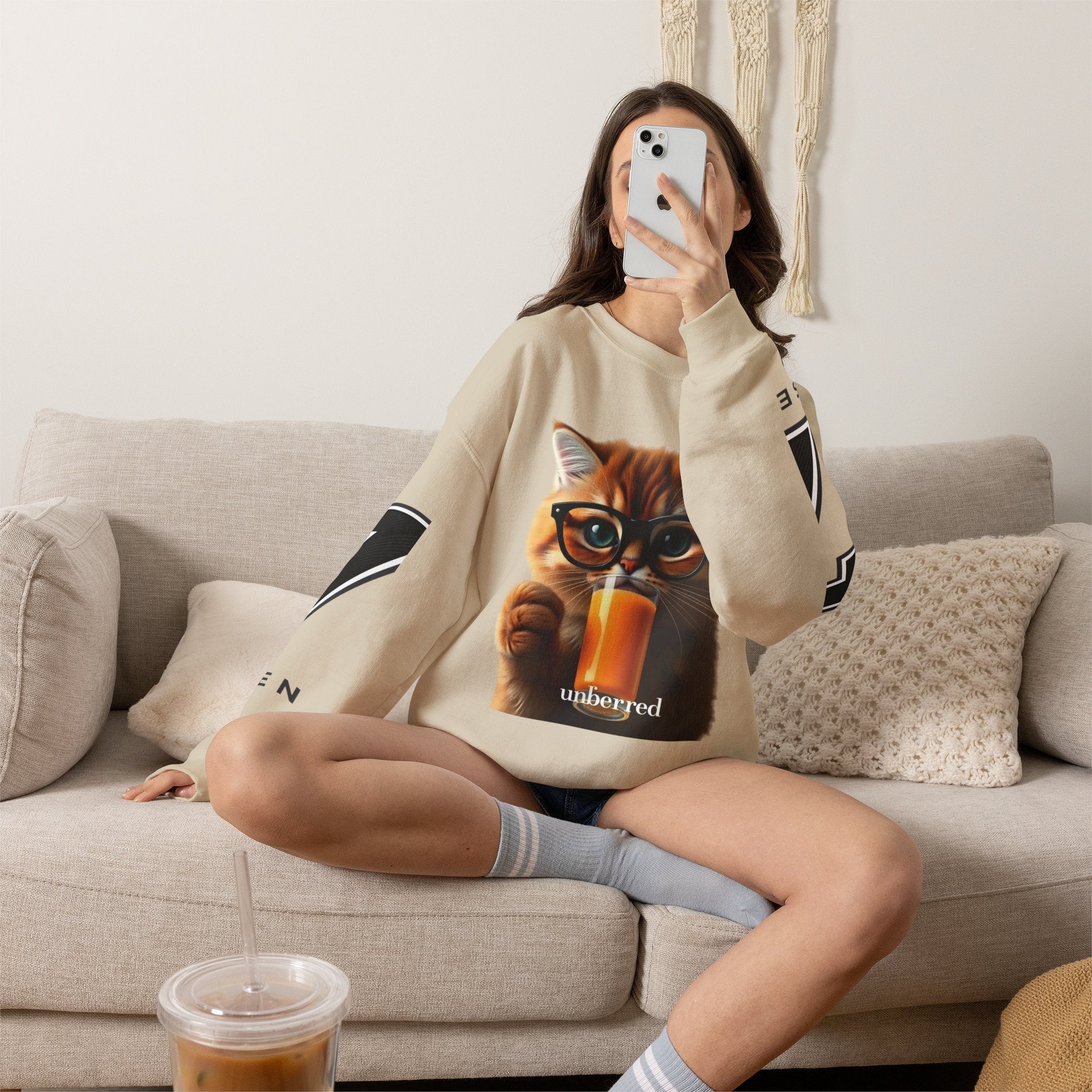 Cat With Juice Graphic Sweatshirt — 'Unbothered' Cozy Crewneck