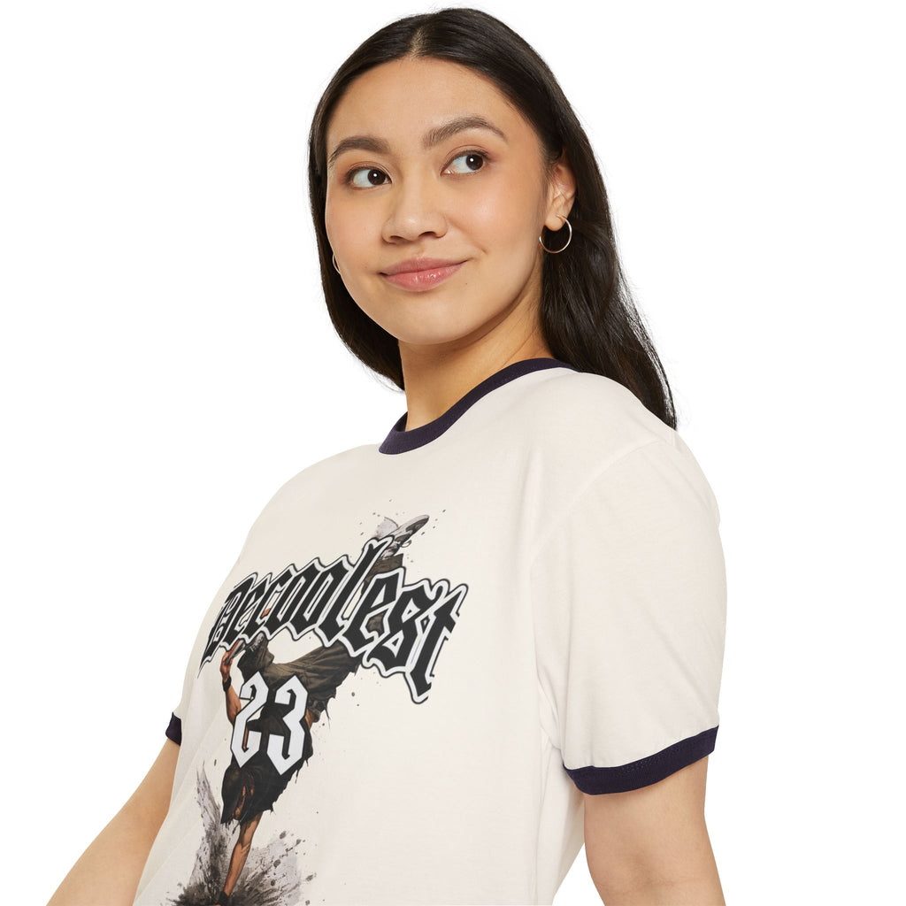 Ringer T-Shirt — 'Decoolest 23' Breakdancer Graphic with Lion Crest Back
