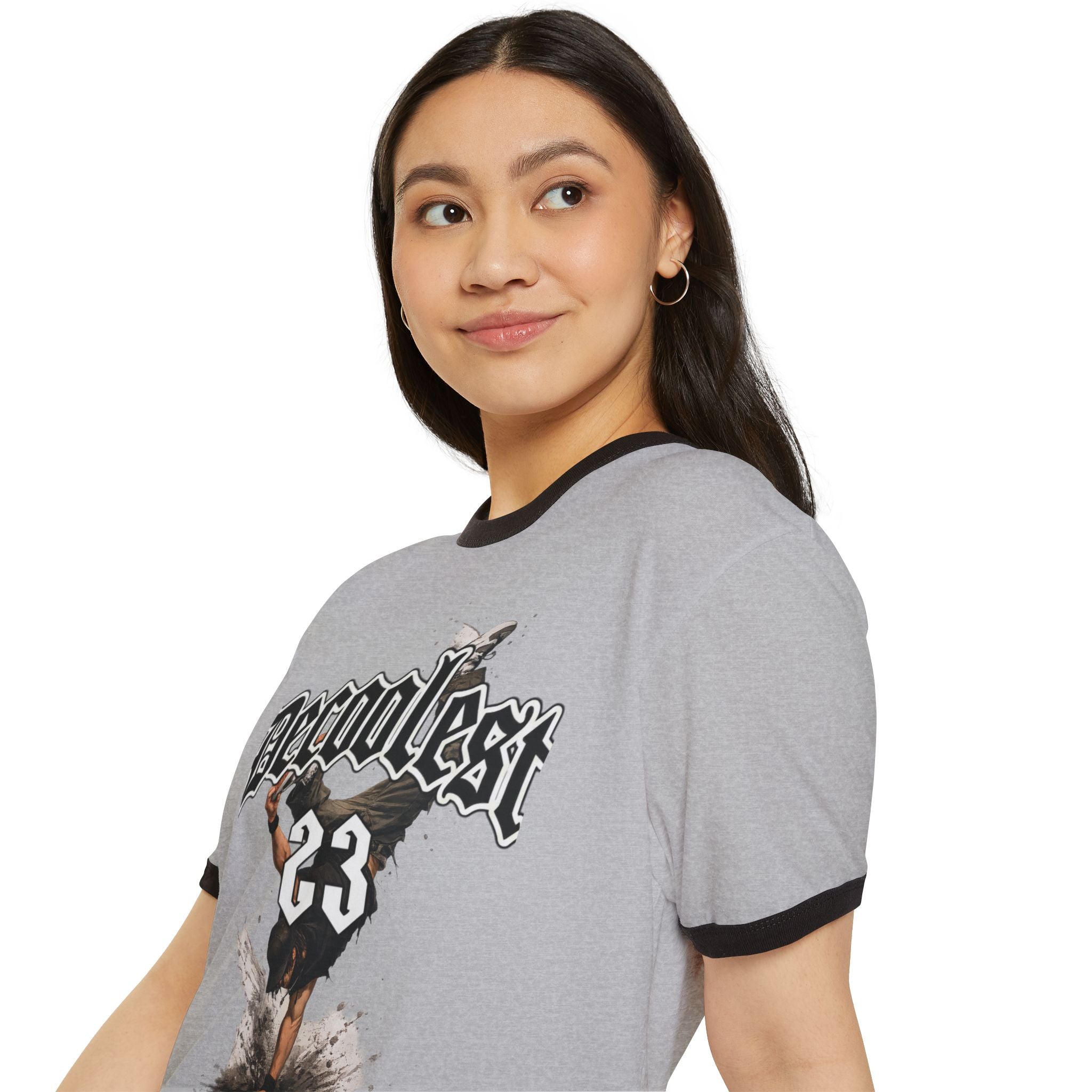 Ringer T-Shirt — 'Decoolest 23' Breakdancer Graphic with Lion Crest Back