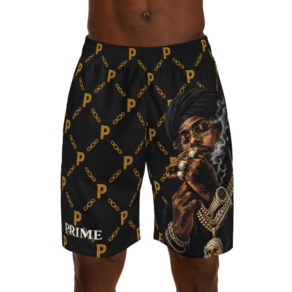 Men's Jogger Shorts — Luxe Streetwear 'Prime' Gold Chain Pattern & Smoking Portrait