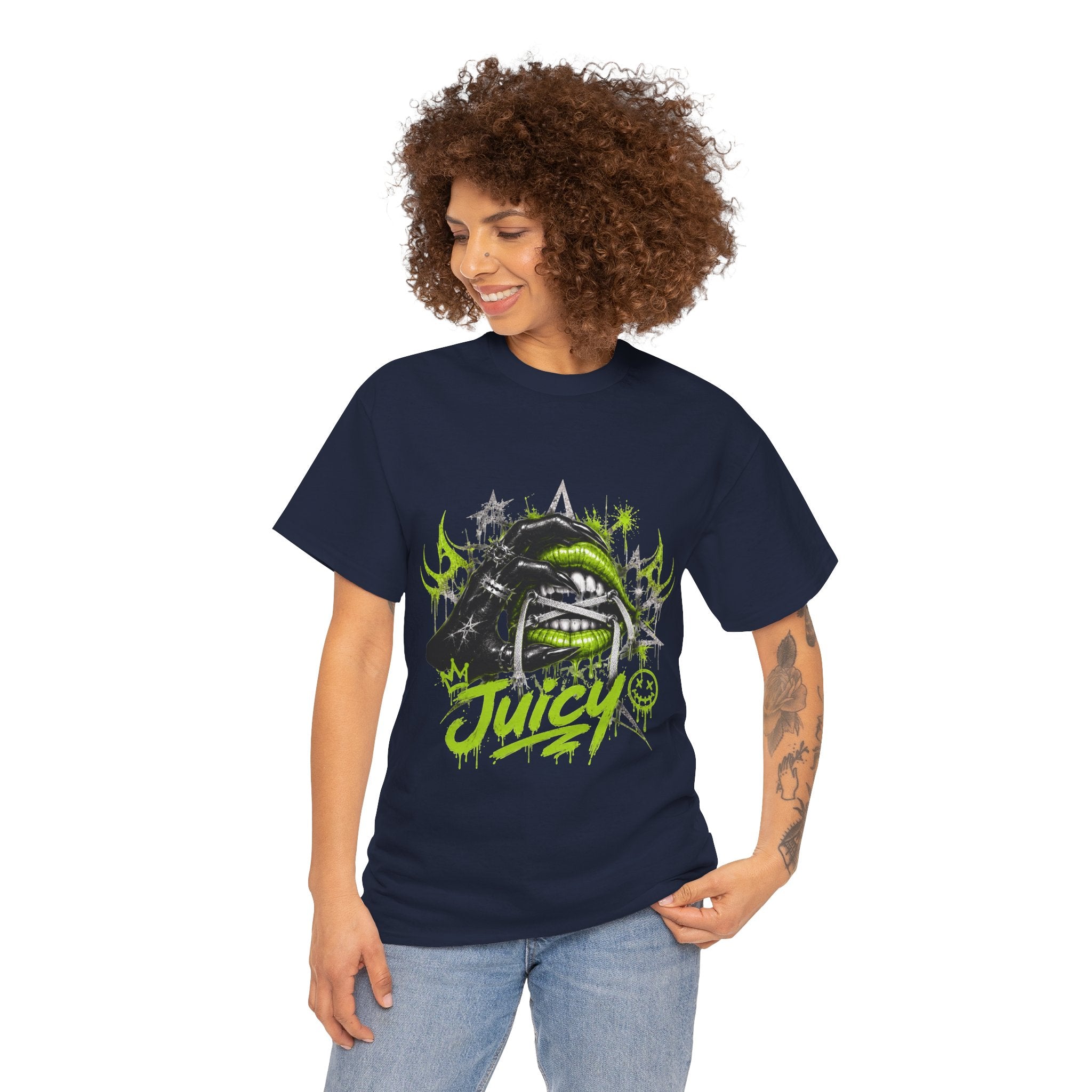 Juicy Graffiti Tee — Neon Green Street Art Graphic T-Shirt