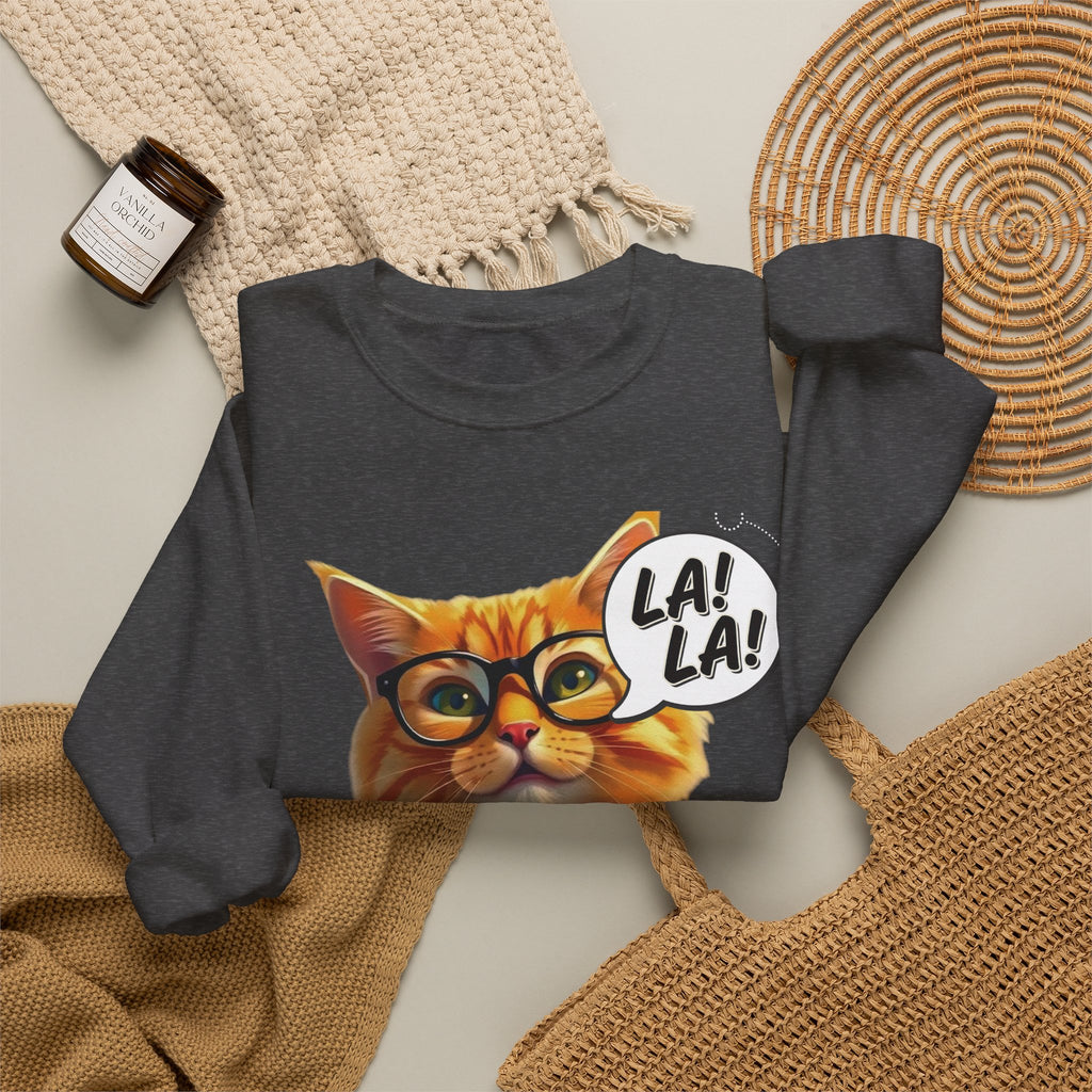 Cat Graphic Sweatshirt — Cute Orange Kitty with 'LA! LA!' Speech Bubble & Lion Crest Back