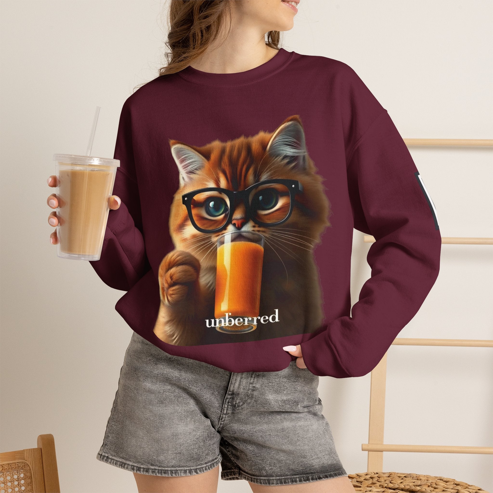 Cat With Juice Graphic Sweatshirt — 'Unbothered' Cozy Crewneck