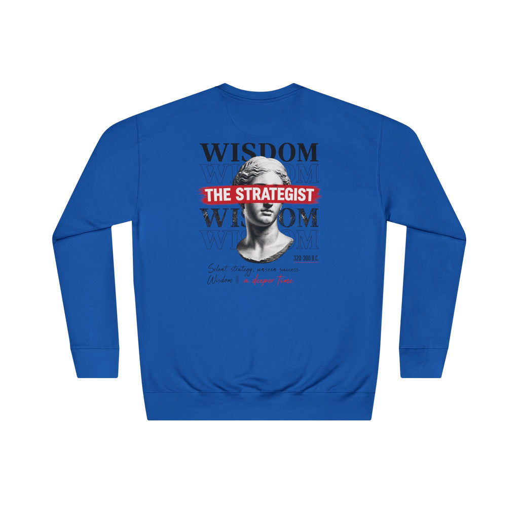 Strategist Crewneck Sweatshirt — Retro Classical Bust Graphic with 'The Strategist' Text