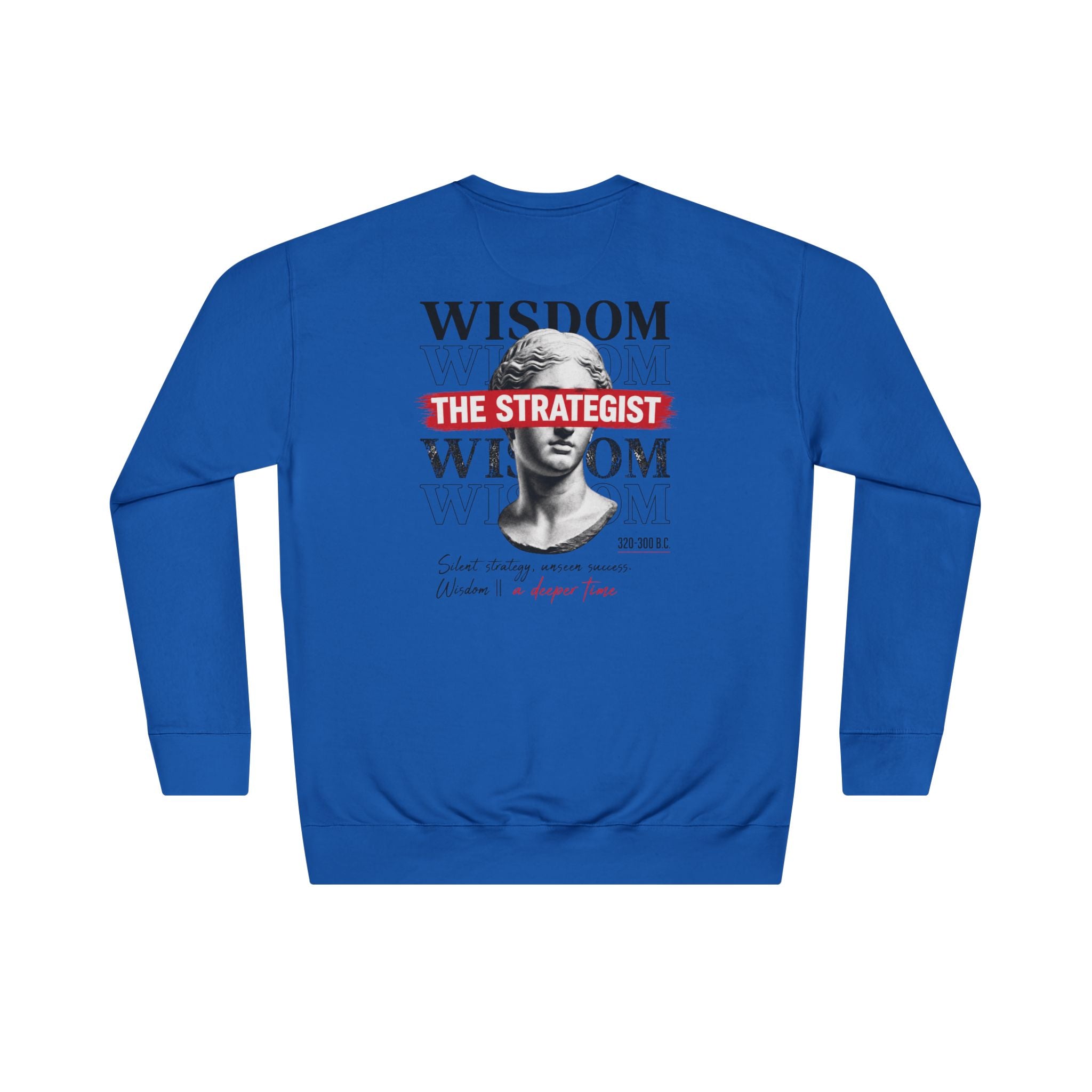 Strategist Crewneck Sweatshirt — Retro Classical Bust Graphic with 'The Strategist' Text