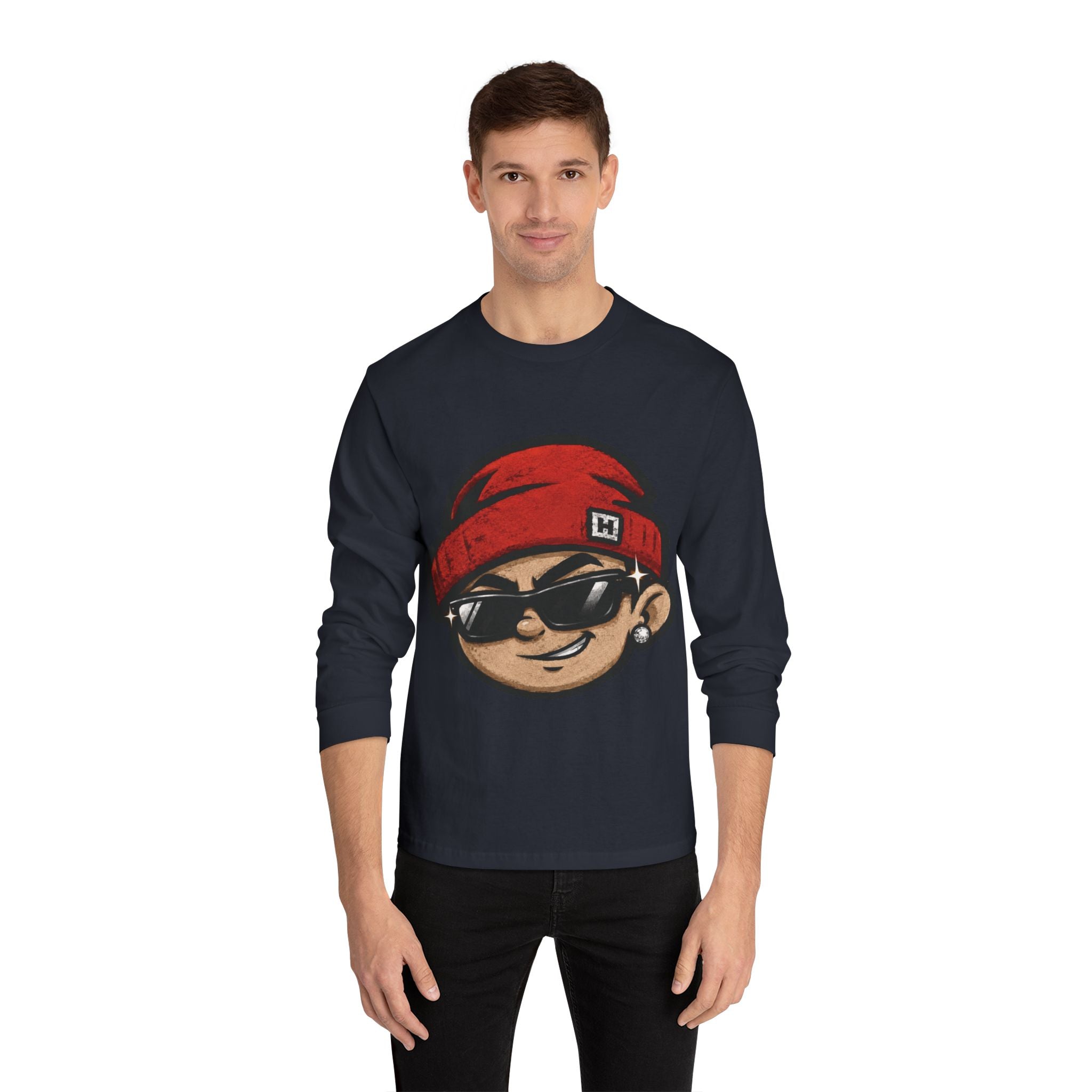 Streetwear Smiley Face Long Sleeve T-Shirt — Red Beanie Cool Kid Graphic
