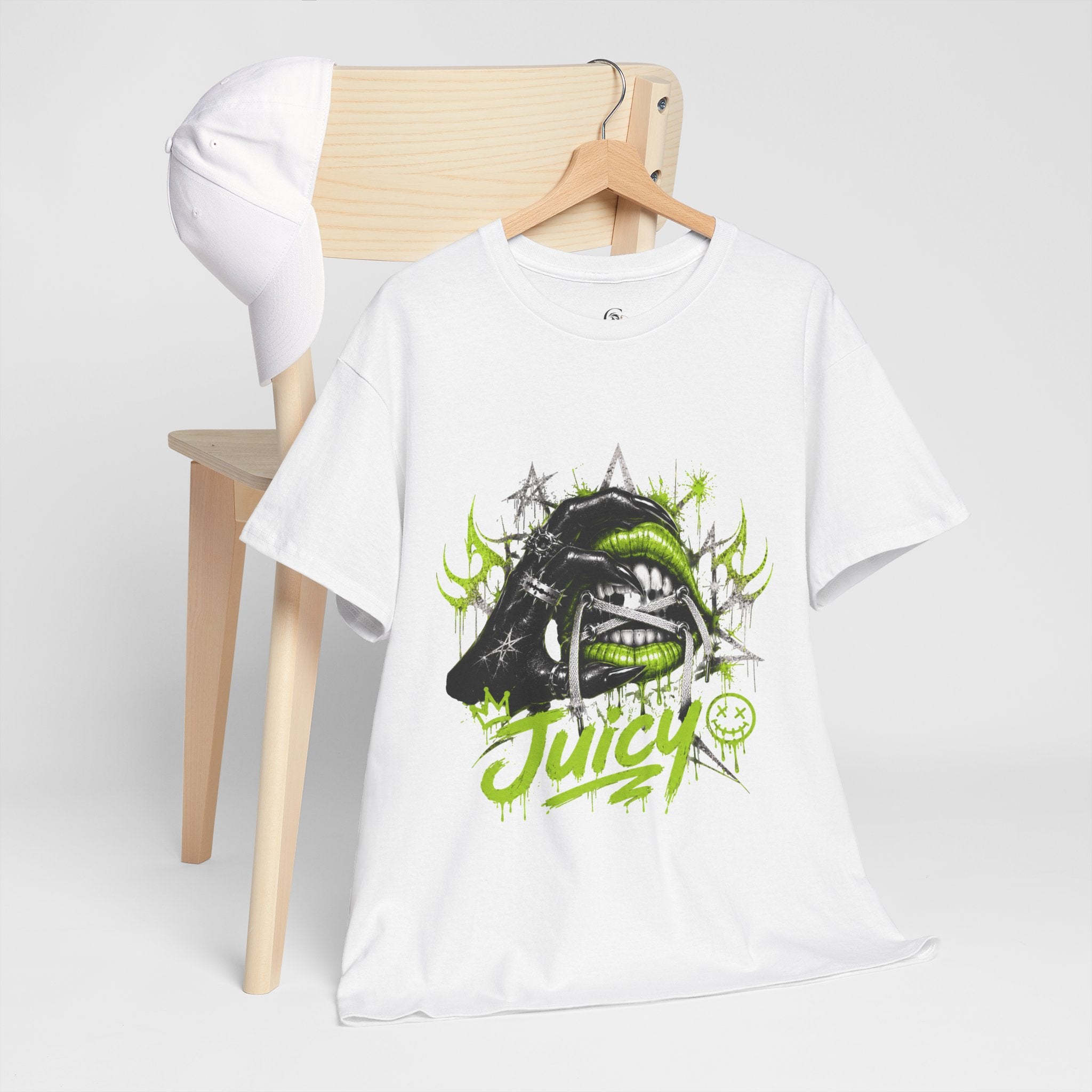 Juicy Graffiti Tee — Neon Green Street Art Graphic T-Shirt