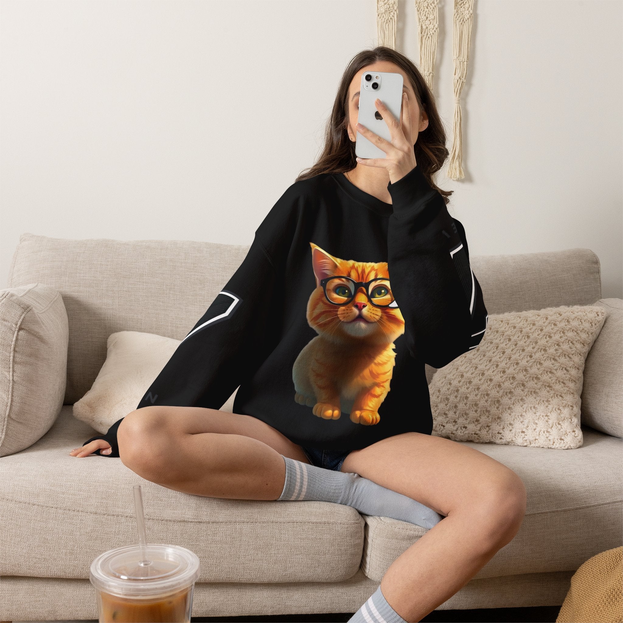 Cat Graphic Sweatshirt — Cute Orange Kitty with 'LA! LA!' Speech Bubble & Lion Crest Back